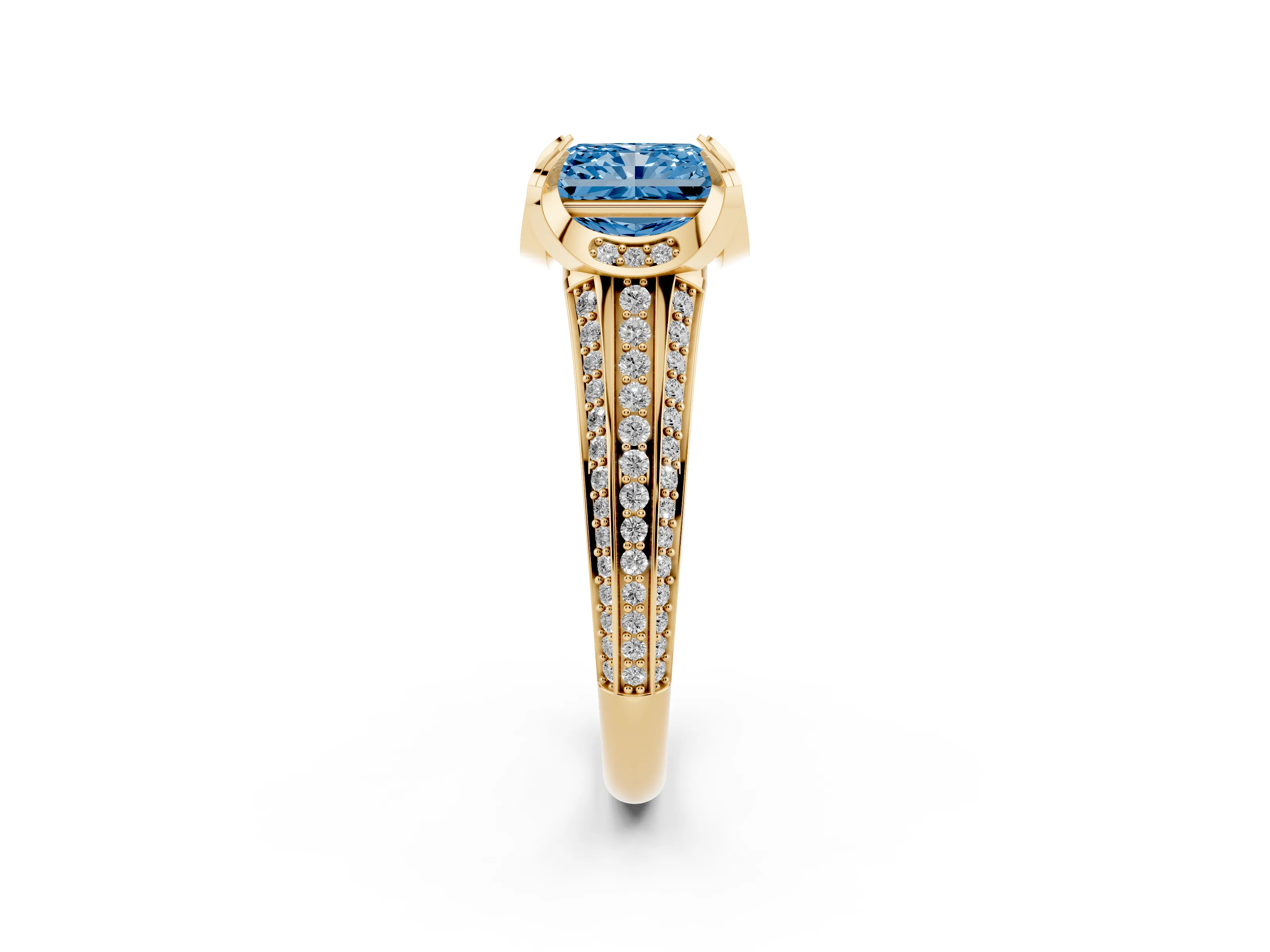 Fancy Blue Radiant Cut Diamond Pavé Split Shank Solitaire Ring Set in Yellow gold with Prong Setting