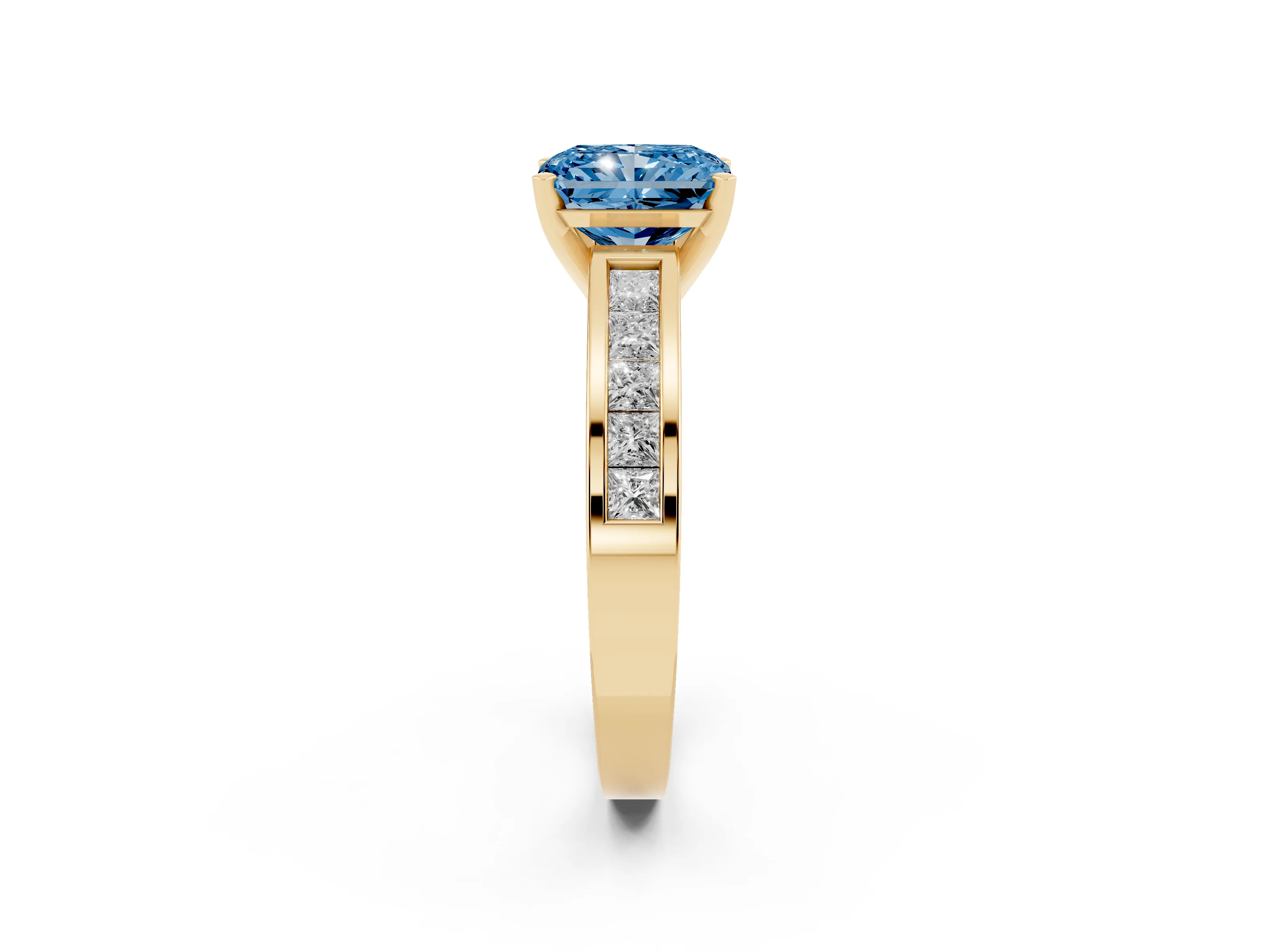 Fancy Blue Radiant Cut Diamond Solitaire Ring Set in Yellow gold with Channel-Set Band and Prong Setting