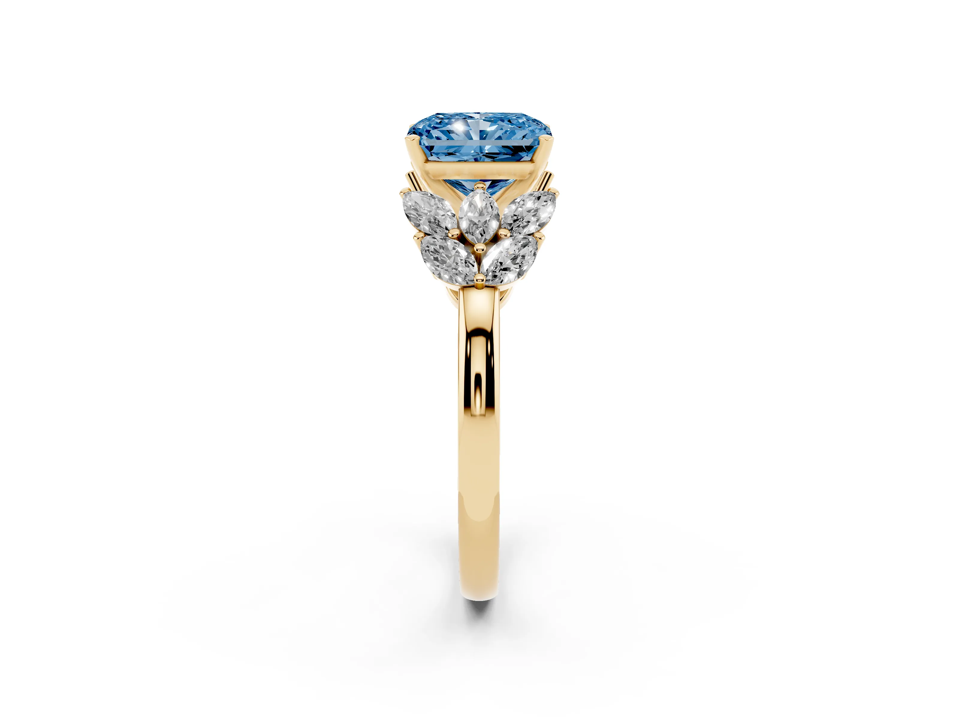Fancy Blue Radiant Cut Diamond Cluster Leaf Design Ring Set in Yellow gold with Prong Setting