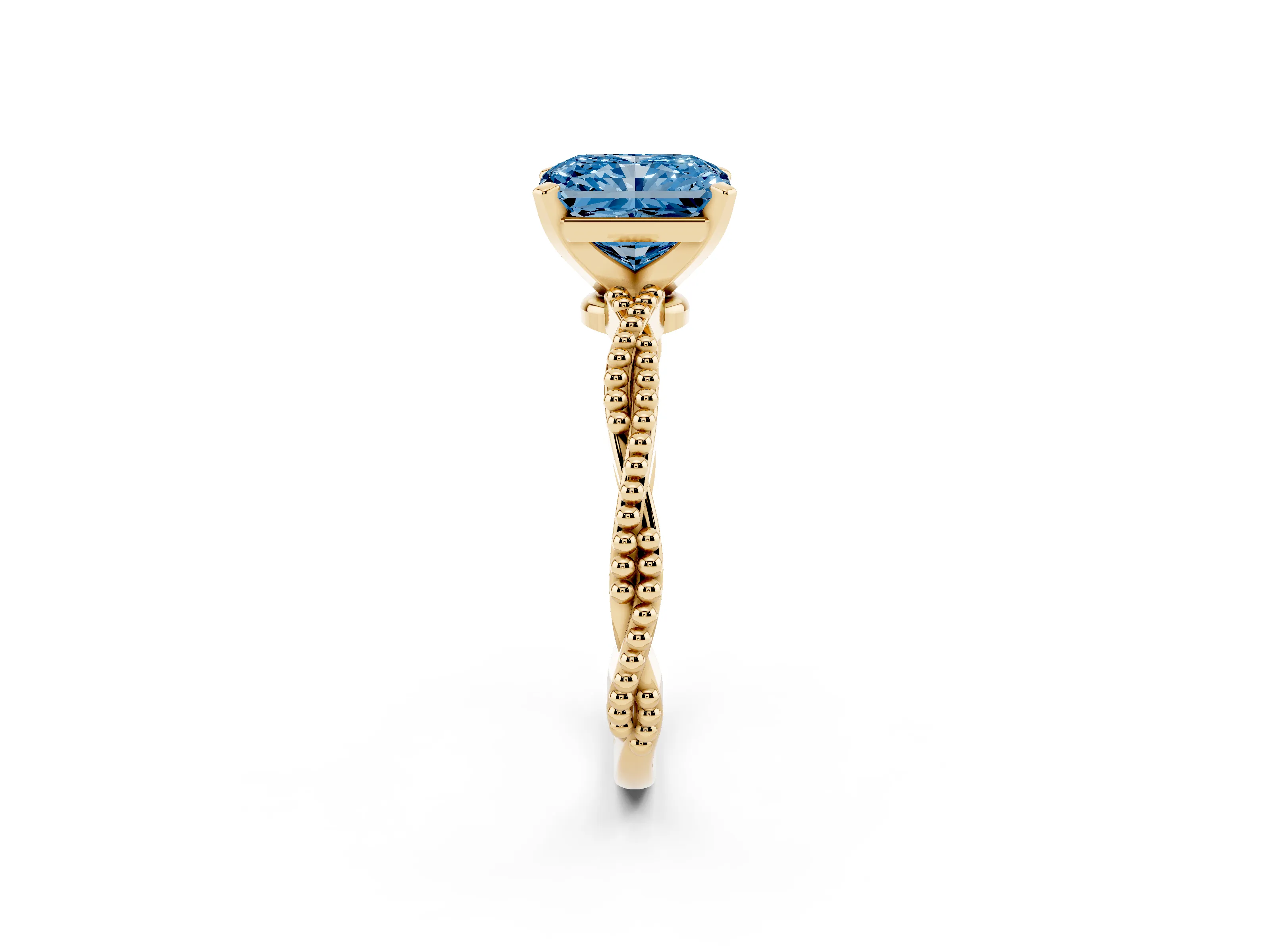 Fancy Blue Radiant Cut Diamond Solitaire Ring Set in Yellow gold with Twisted Band and Bead Prong Setting