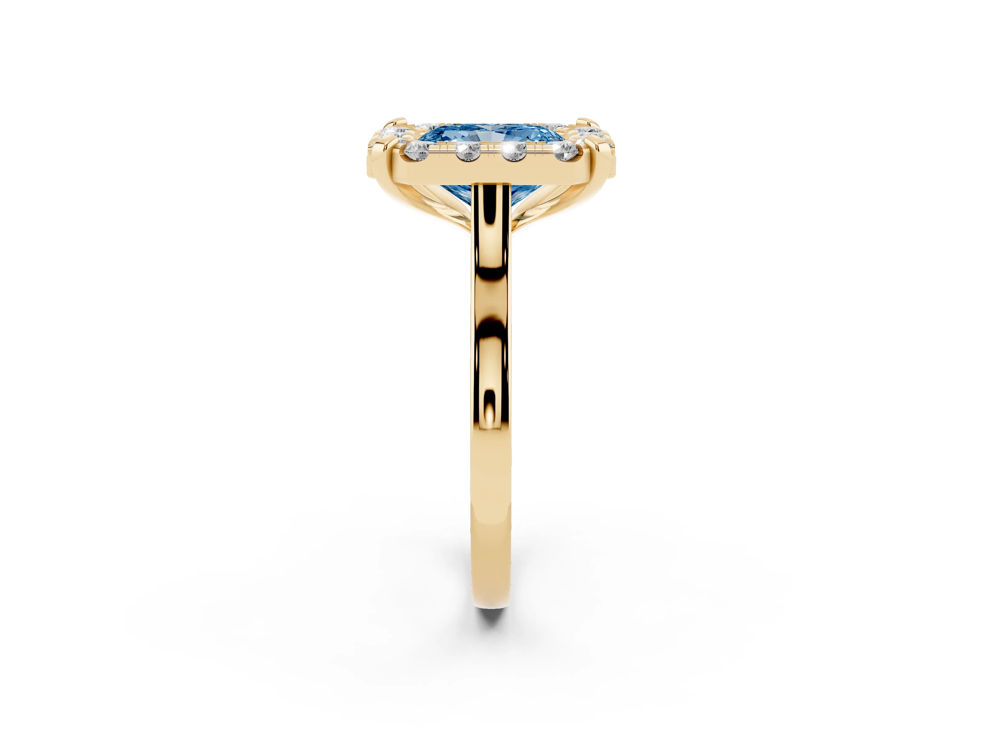 Fancy Blue Radiant Cut Diamond Cluster Halo Solitaire Ring Set in Yellow gold with Prong Setting