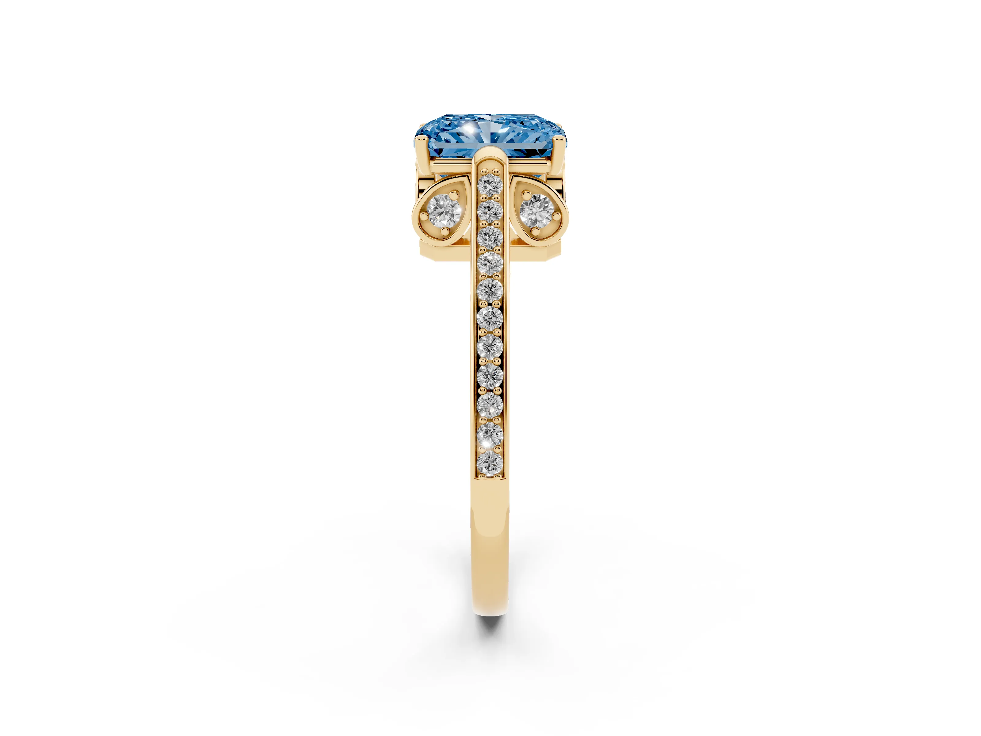 Fancy Blue Radiant Cut Diamond Cathedral Pavé Engagement Ring Set in Yellow gold with Prong Setting
