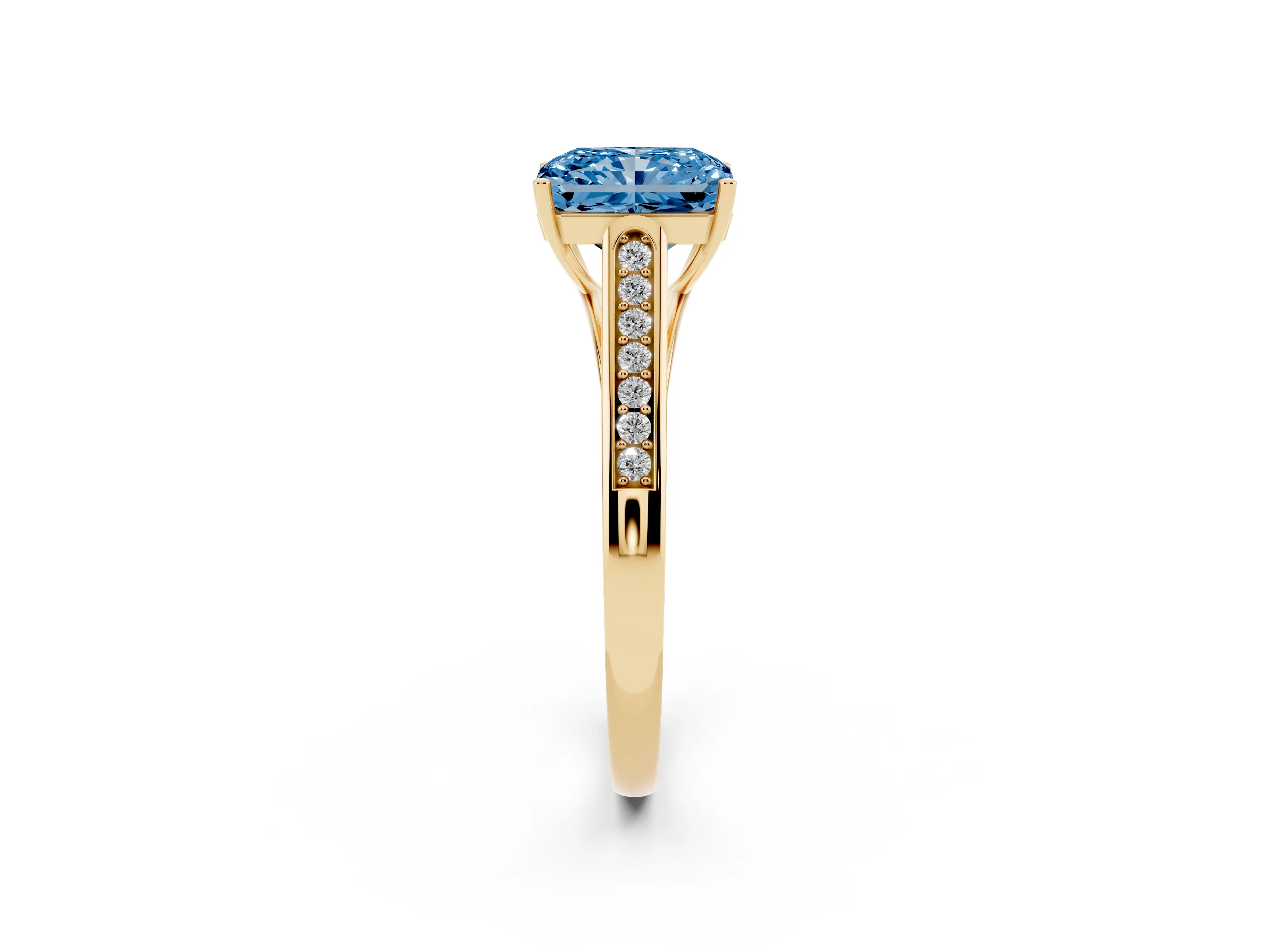 Fancy Blue Radiant Cut Diamond Solitaire Cathedral Engagement Ring Set in Yellow gold with Channel-Set Band and Prong Setting