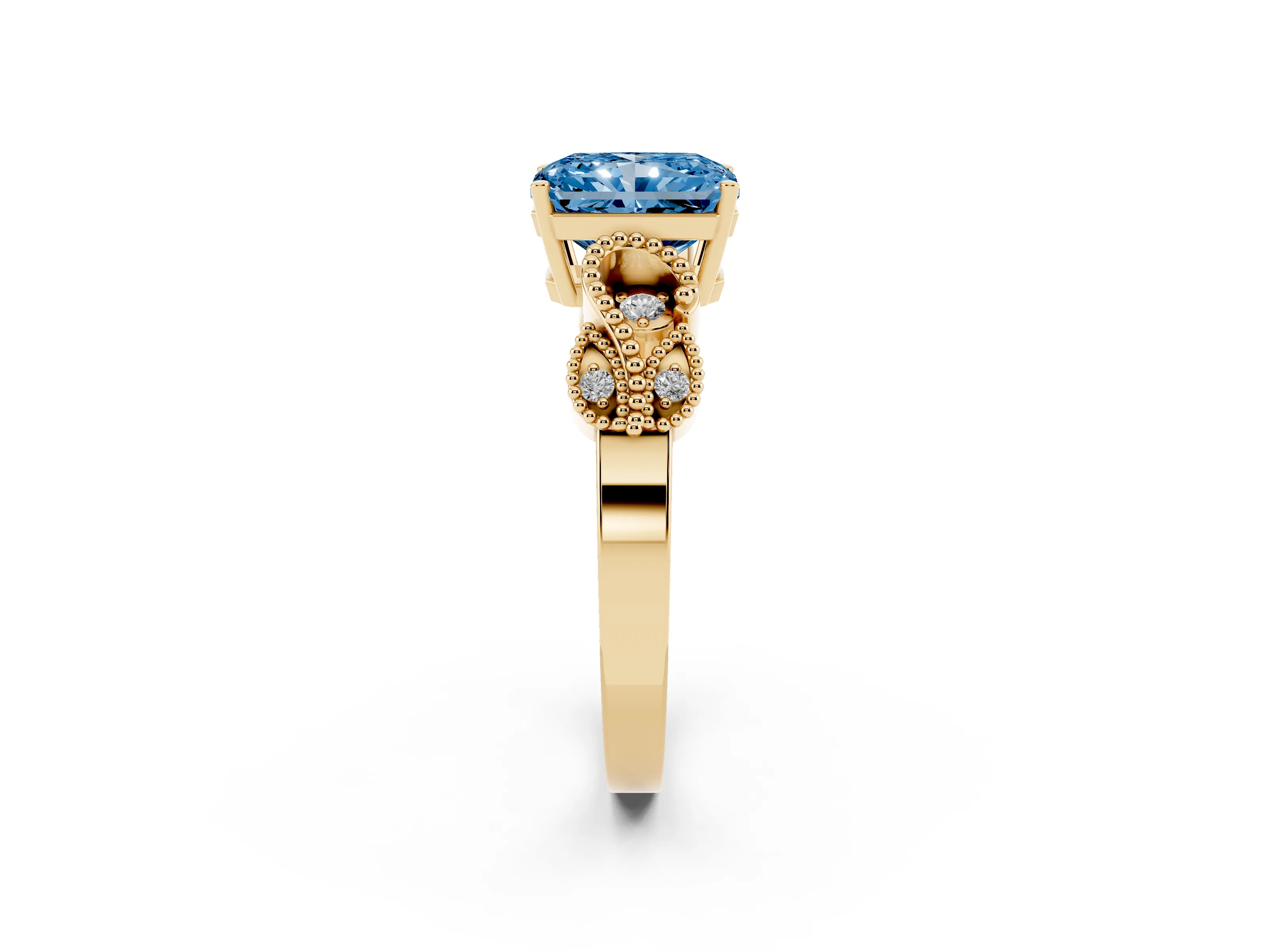 Fancy Blue Radiant Cut Diamond Milgrain Leaf Band Solitaire Ring Set in Yellow gold with Accent Stones and Prong Setting
