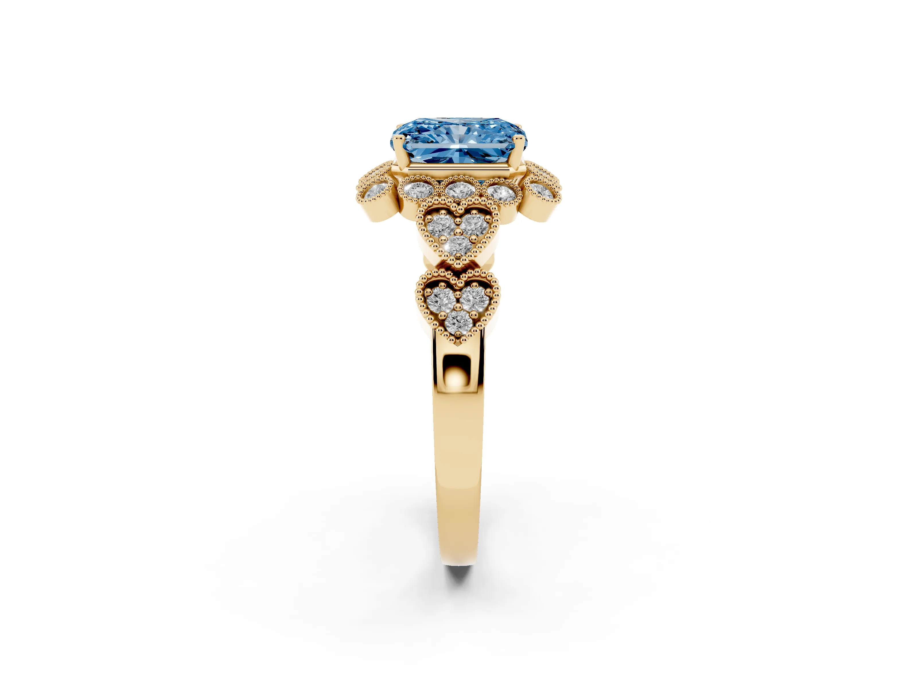 Fancy Blue Radiant Cut Diamond Solitaire Ring Set in Yellow gold with Milgrain Pavé Heart Band