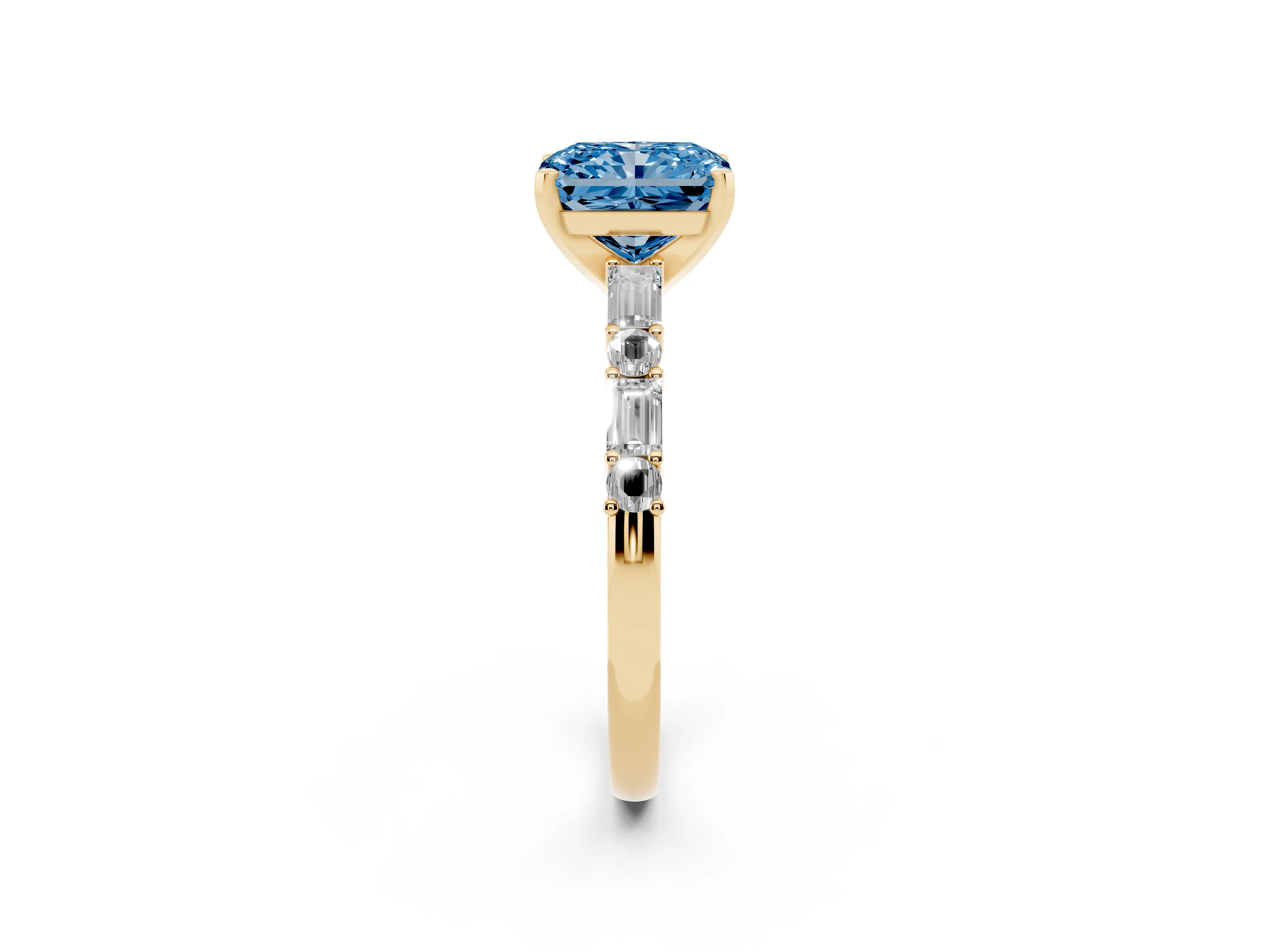 Fancy Blue Radiant Cut Diamond Solitaire Set in Yellow gold with Side Baguettes and Channel Set Band