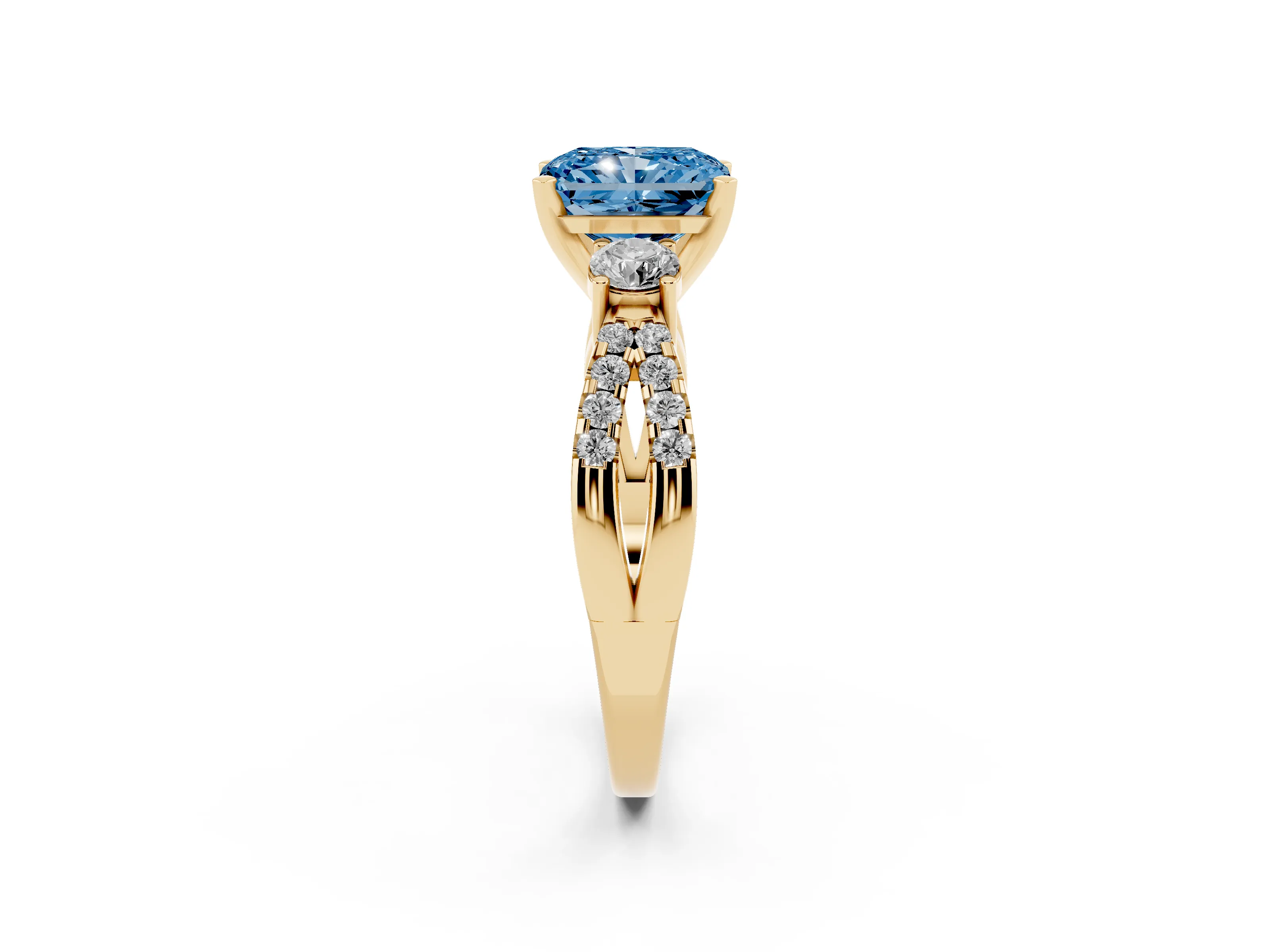 Fancy Blue Radiant Cut Diamond Three-Stone Ring Set in Yellow gold with Pavé Split Shank and Prong Setting
