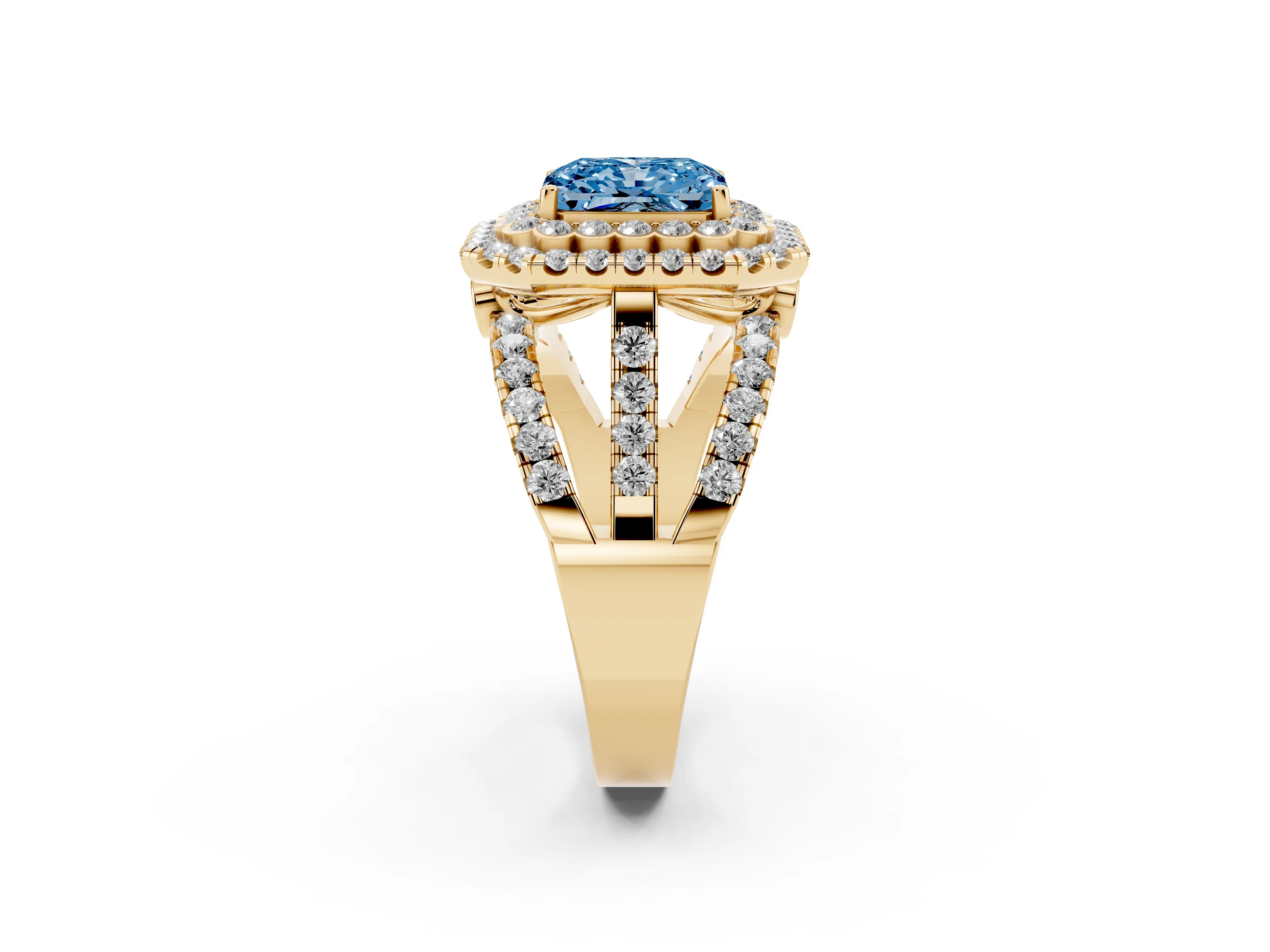 Fancy Blue Radiant Cut Diamond Double Halo Ring Set in Yellow gold with Round Pavé Split Shank