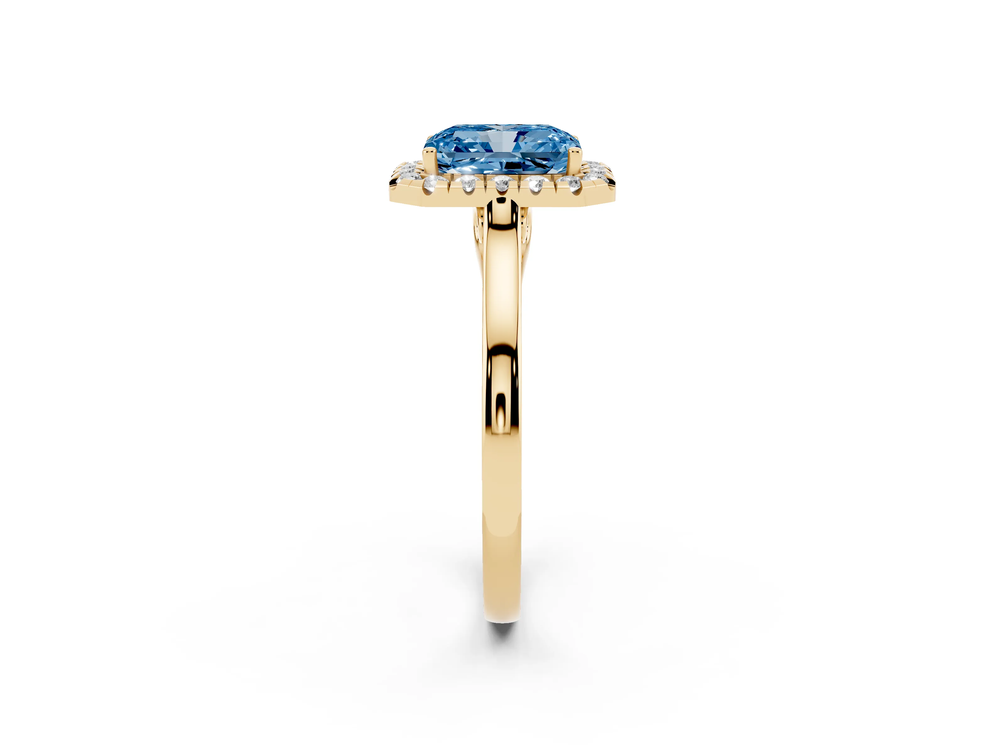 Fancy Blue Radiant Cut Halo Round Diamond Solitaire Ring Set in Yellow gold with Pavé Band and Prong Setting
