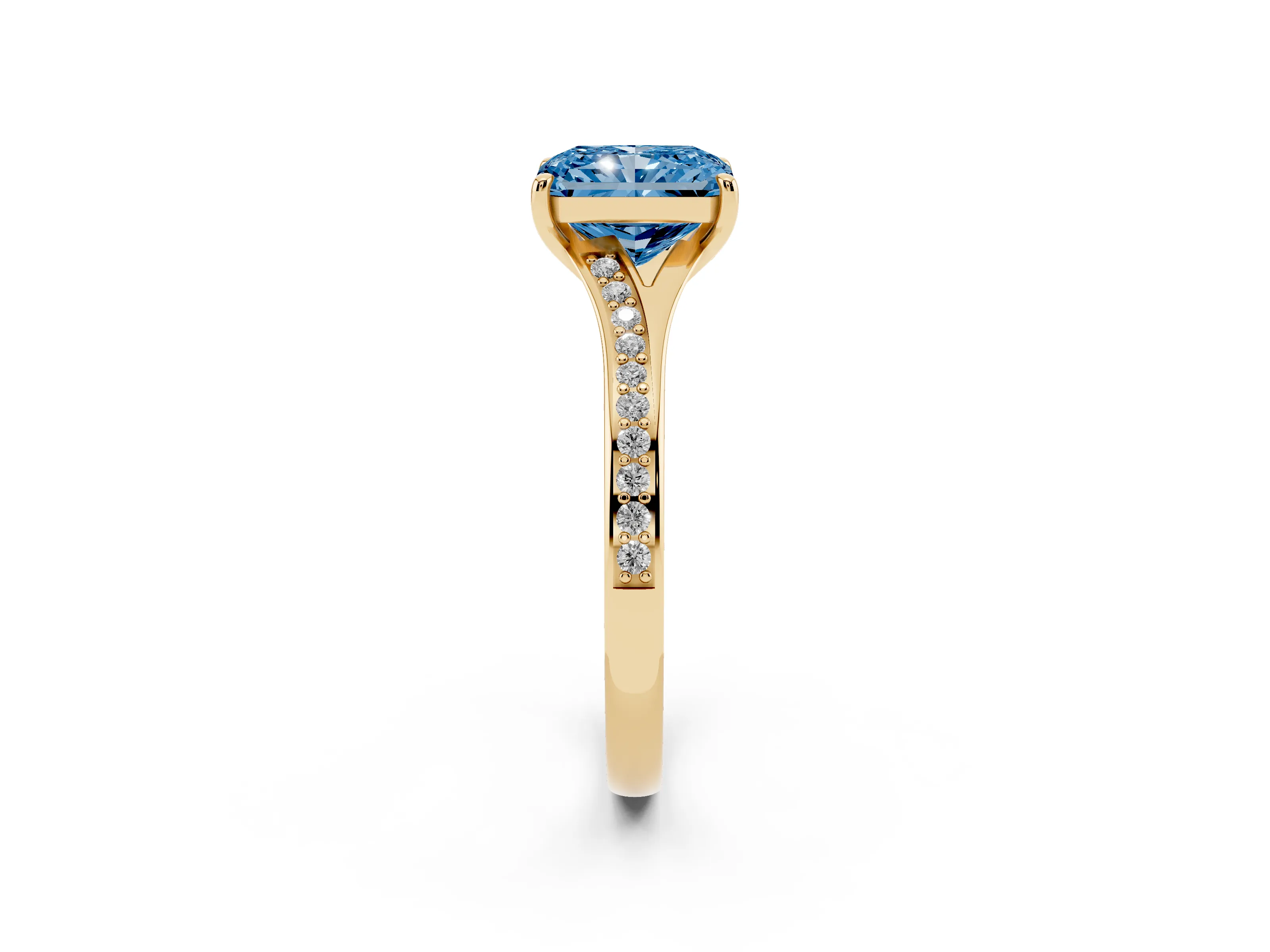 Fancy Blue Radiant Cut Diamond Solitaire Ring Set in Yellow gold with Pavé Accent Band and Classic Prong Setting