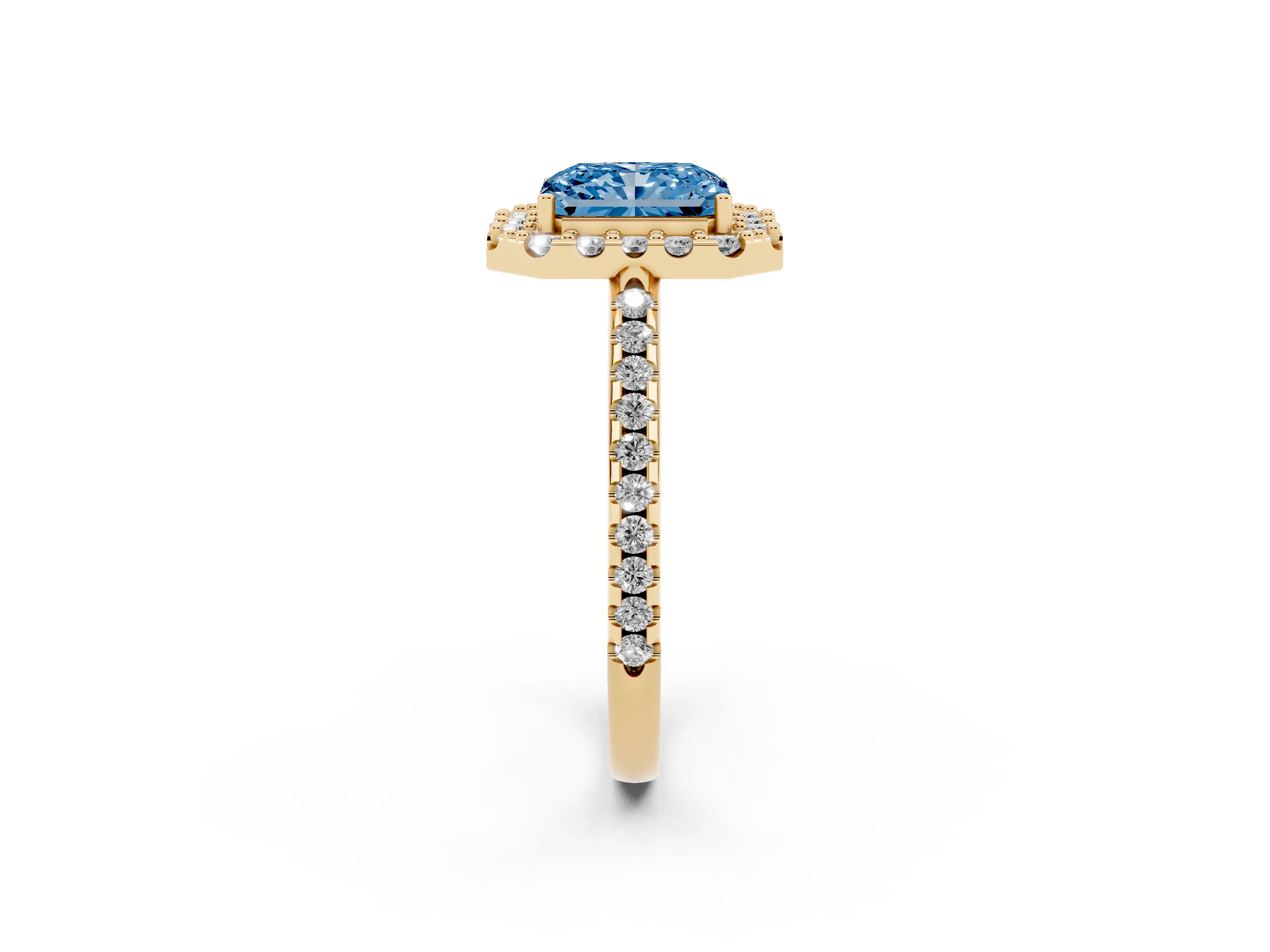 Fancy Blue Radiant Cut Diamond Pavé Halo Ring Set in Yellow gold with Prong Setting