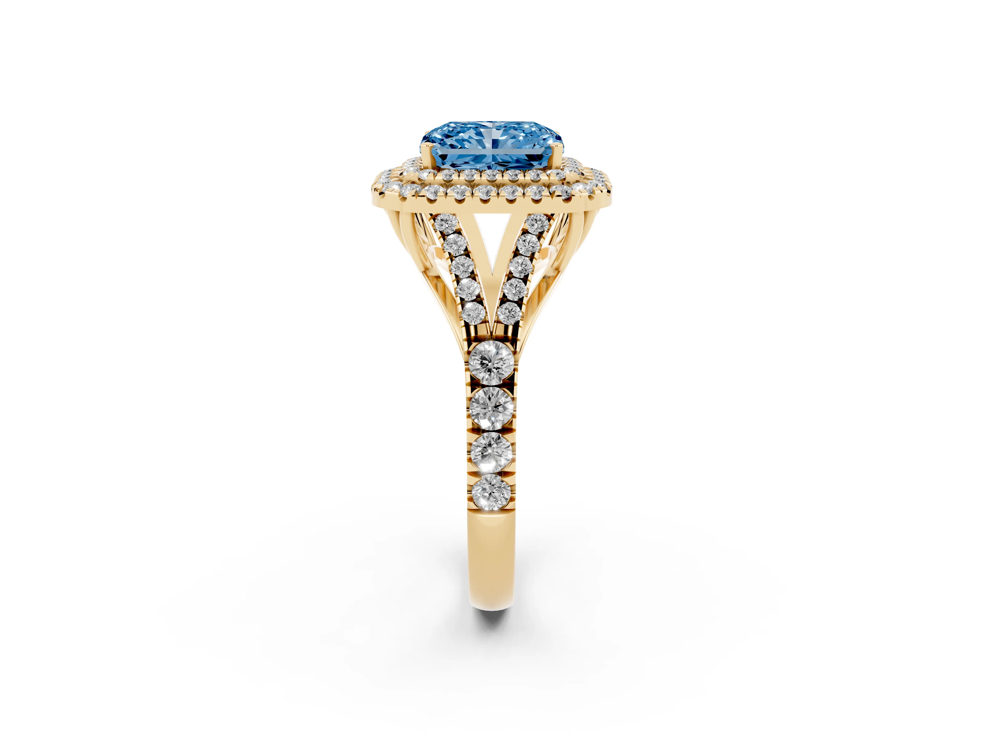 Fancy Blue Radiant Cut Diamond Pavé Split Shank Double Halo Engagement Ring Set in Yellow gold