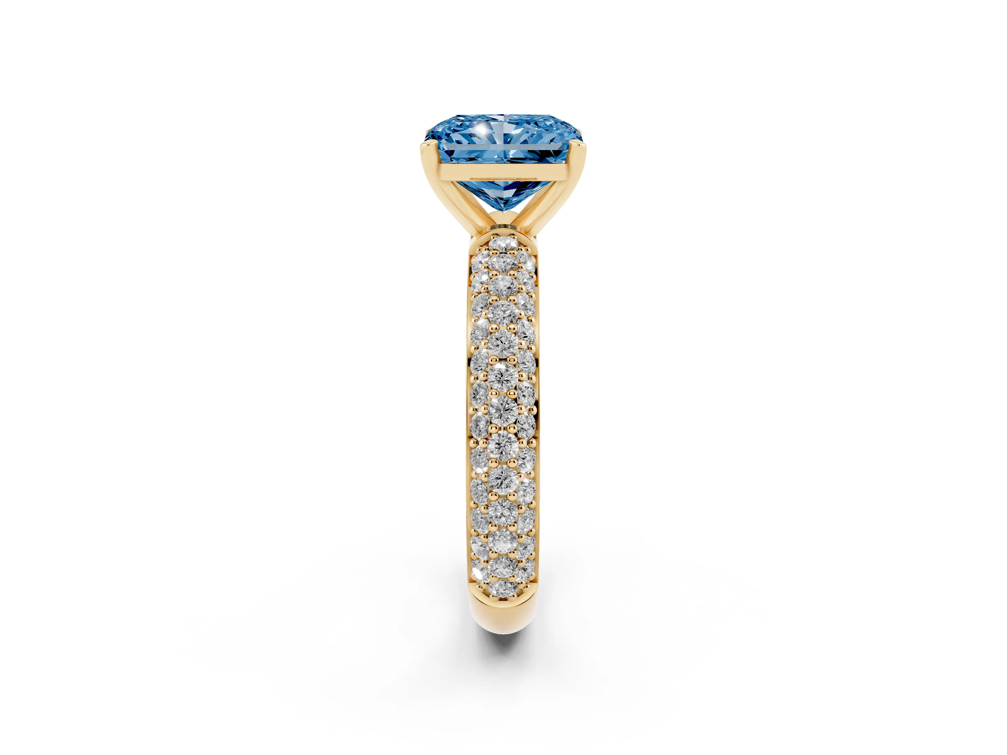 Fancy Blue Radiant Cut Diamond Solitaire Ring Set in Yellow gold with Prong Setting and Pavé-Set Band