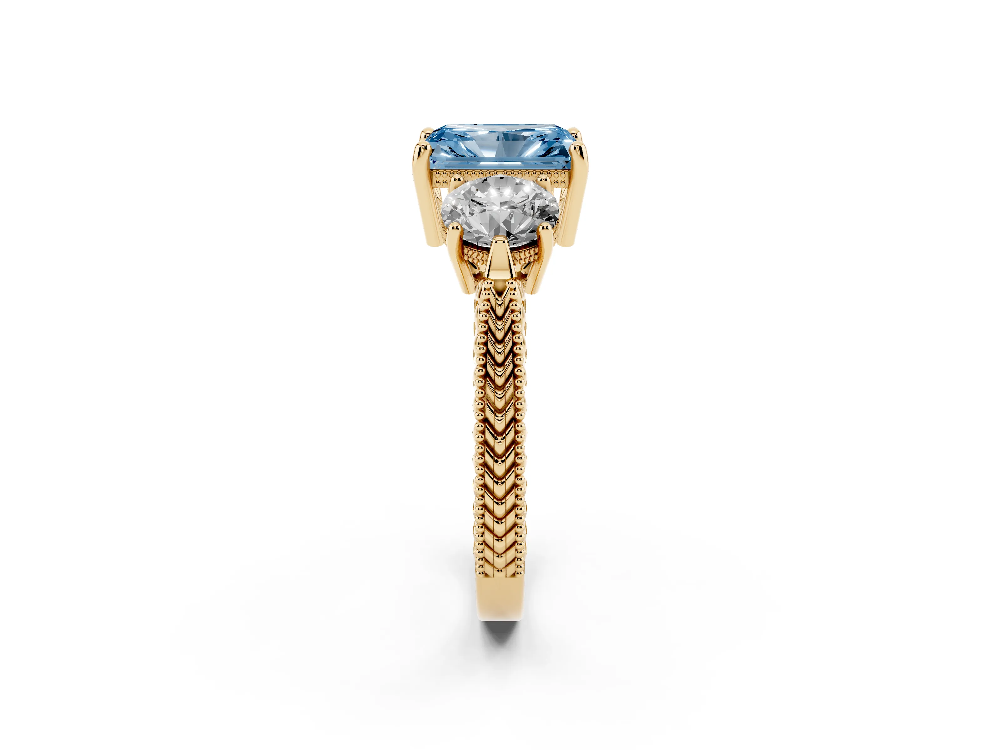Fancy Blue Radiant Cut Diamond Three-Stone Ring Set in Yellow gold with Milgrain Band
