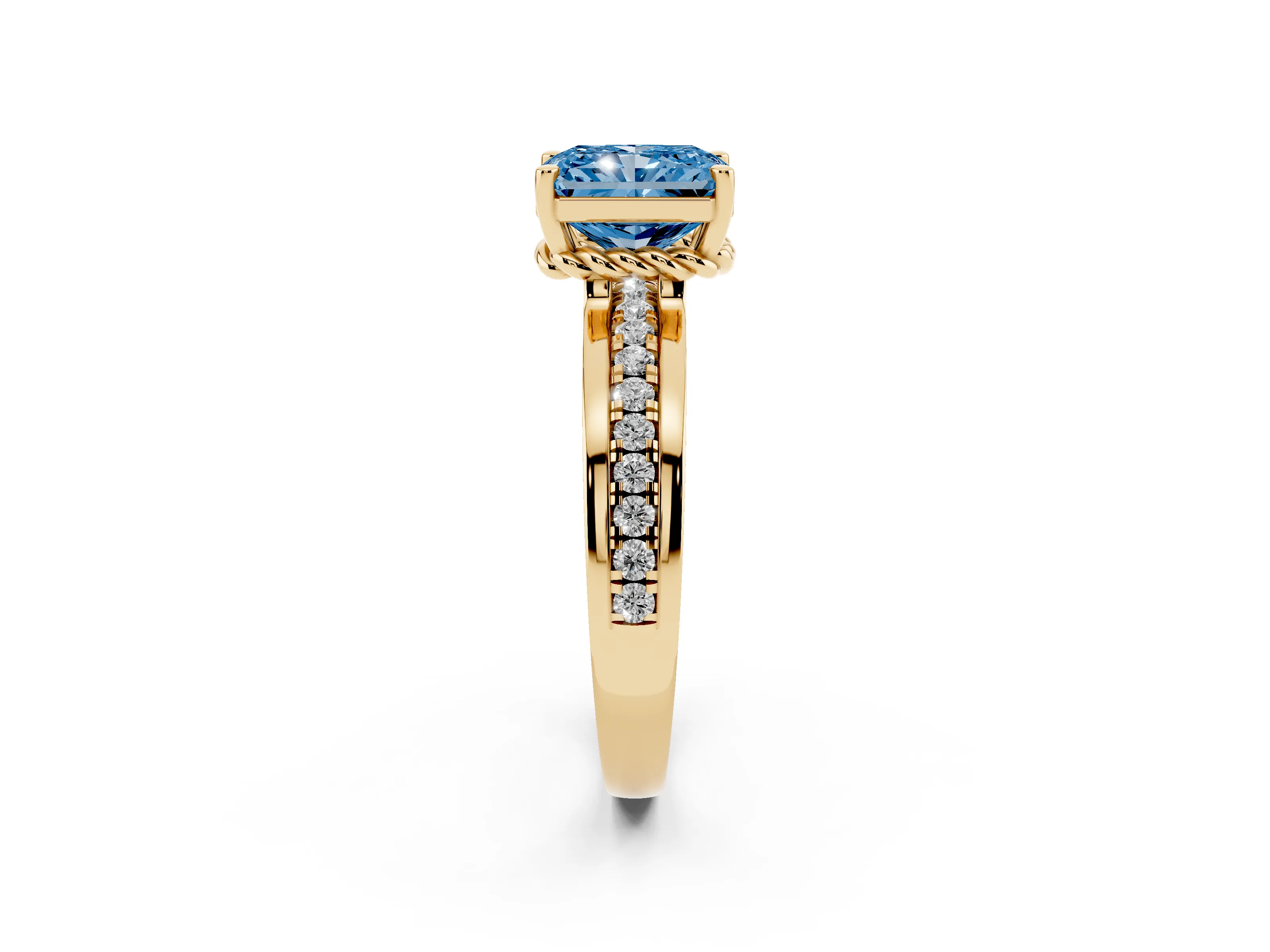 Fancy Blue Radiant Cut Diamond Solitaire Ring Set in Yellow gold with Channel Set Band and Prong Setting