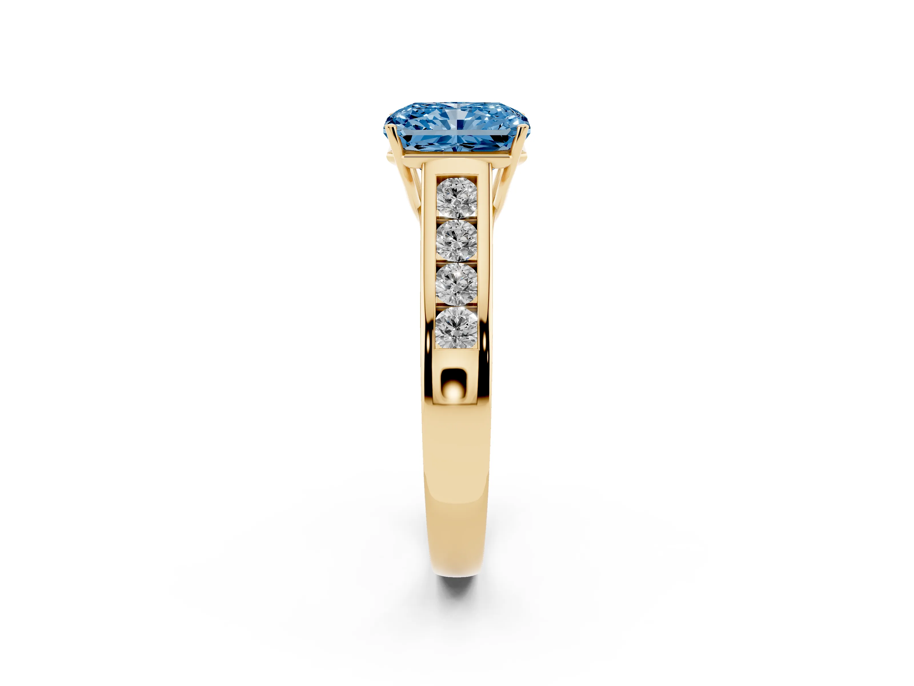 Fancy Blue Radiant Cut Diamond Brilliant Channel-Set Solitaire Ring Set in Yellow gold with Prong Setting