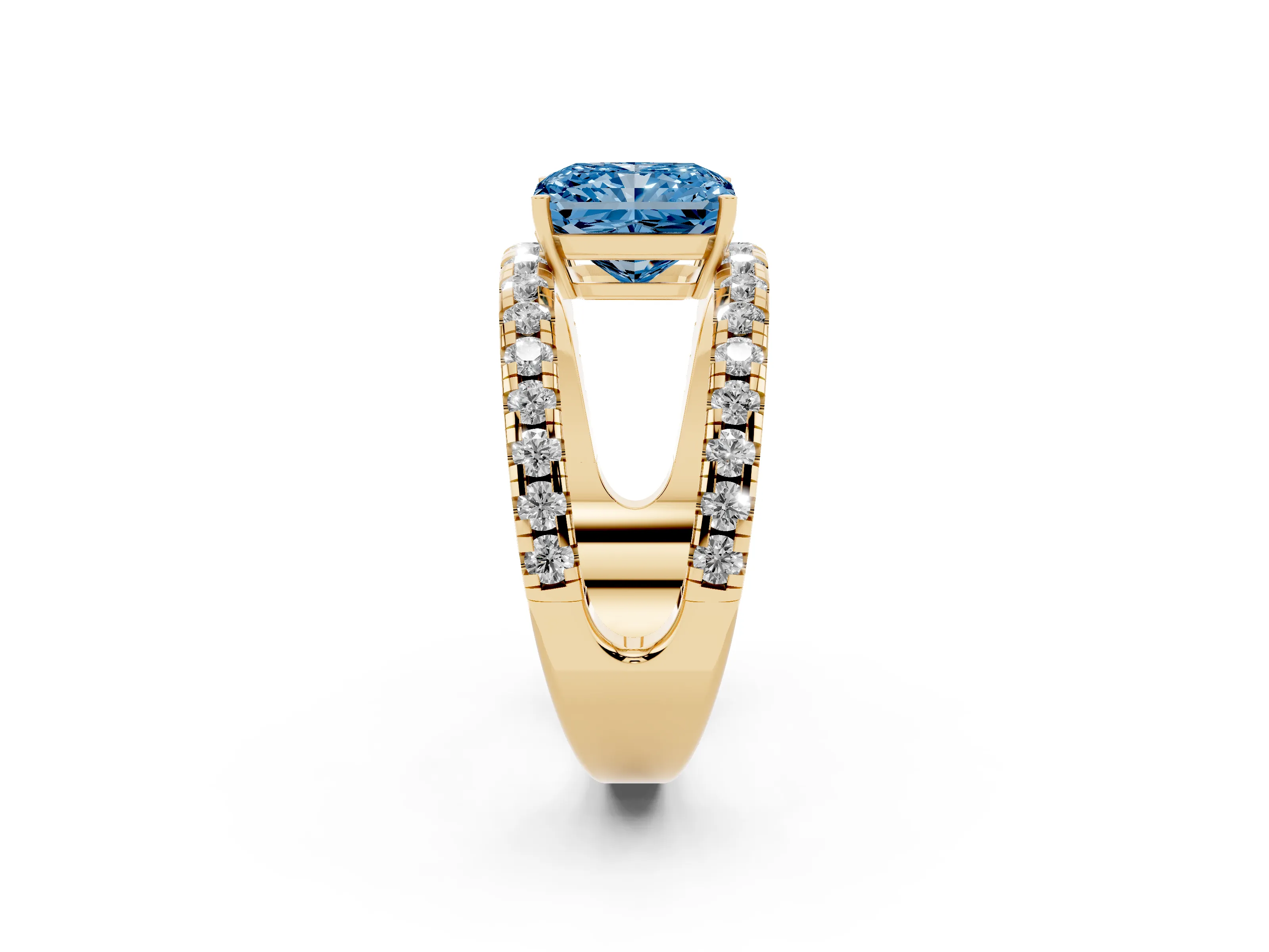 Fancy Blue Radiant Cut Diamond Split Shank Pavé Solitaire Ring Set in Yellow gold with Open Shank Design