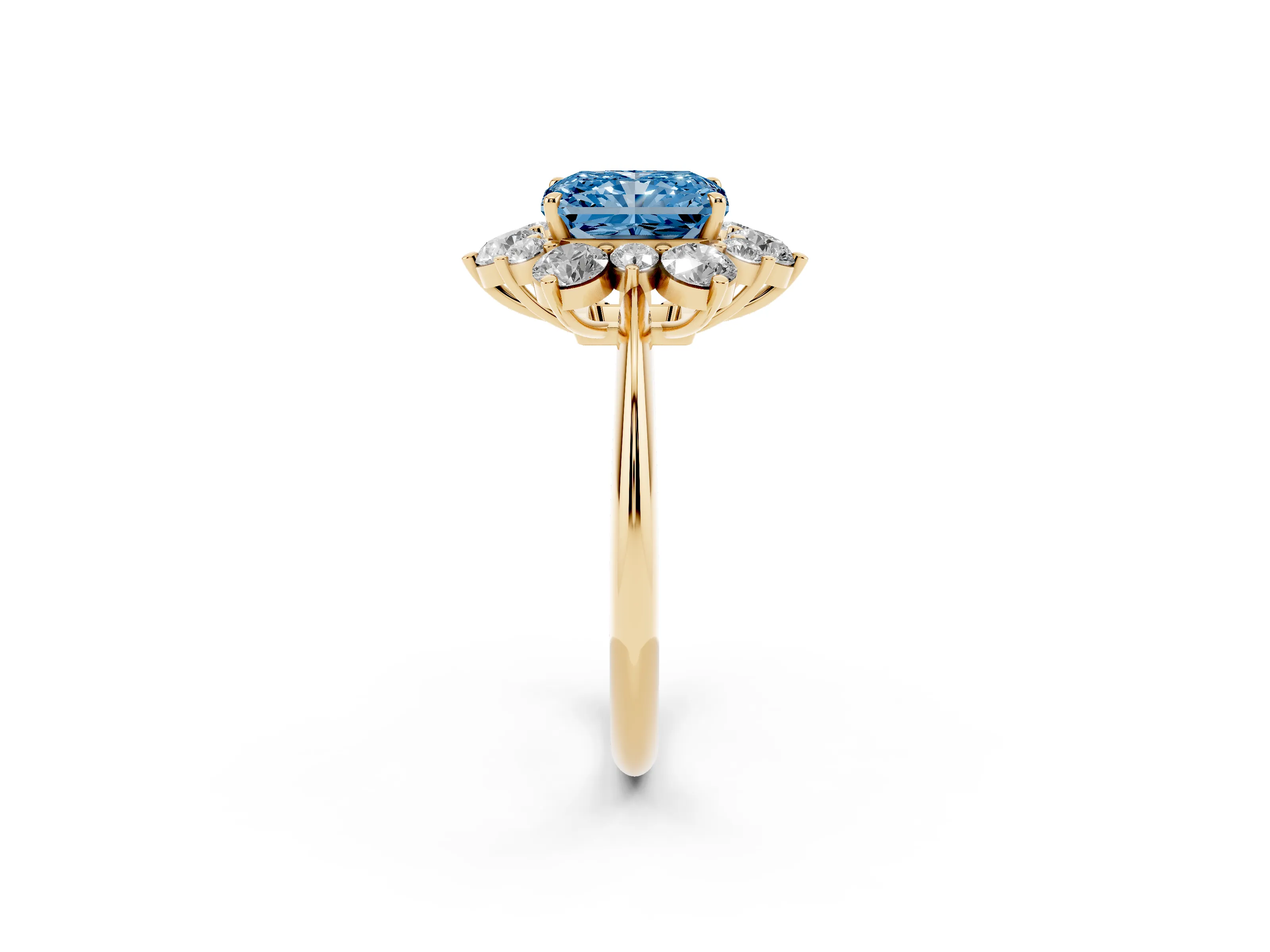Fancy Blue Radiant Cut Diamond Cluster Halo Ring Set in Yellow gold with Solitaire Band and Prong Setting