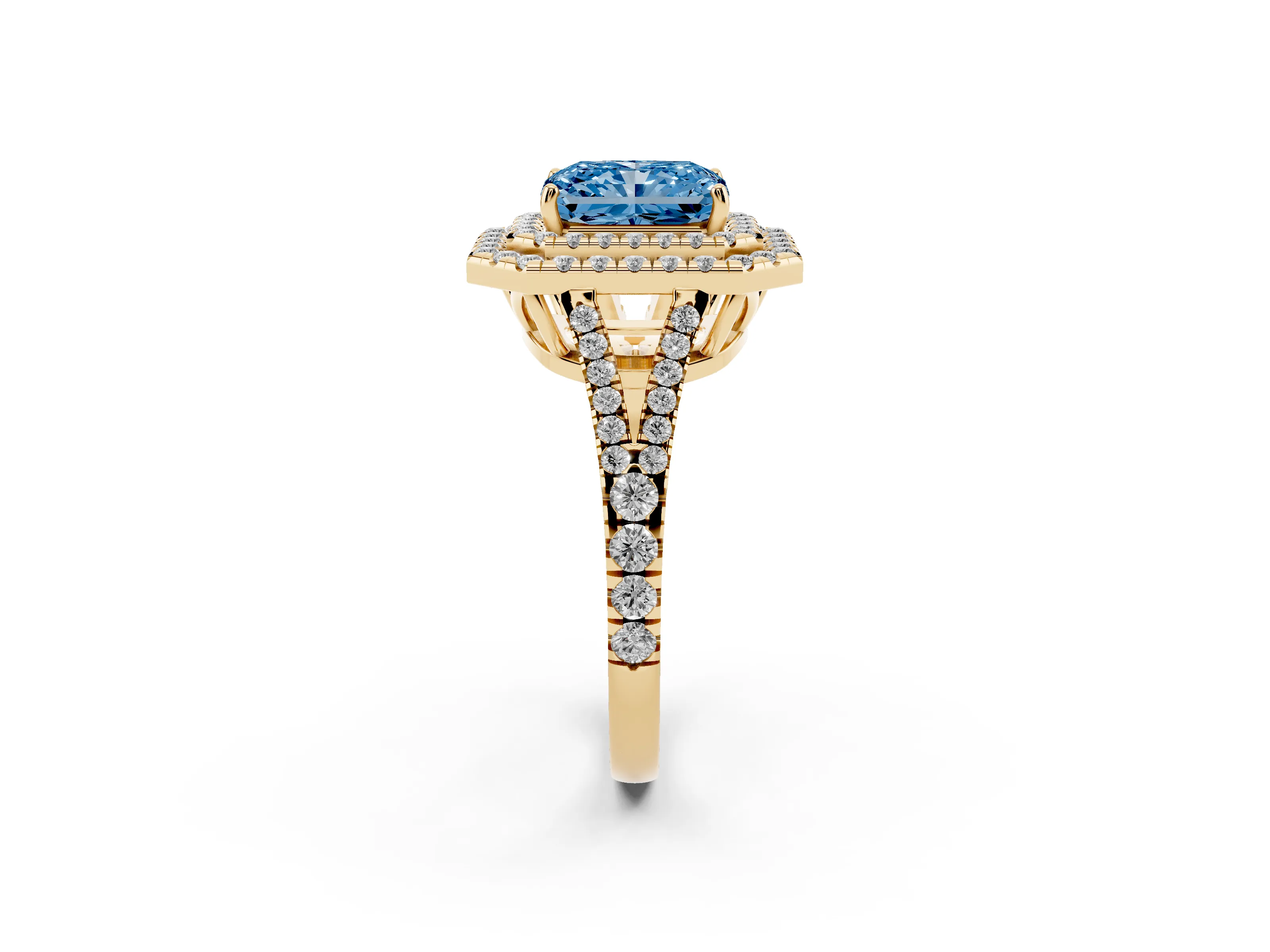Fancy Blue Radiant Cut Diamond Double Halo Ring Set in Yellow gold with Pavé Band