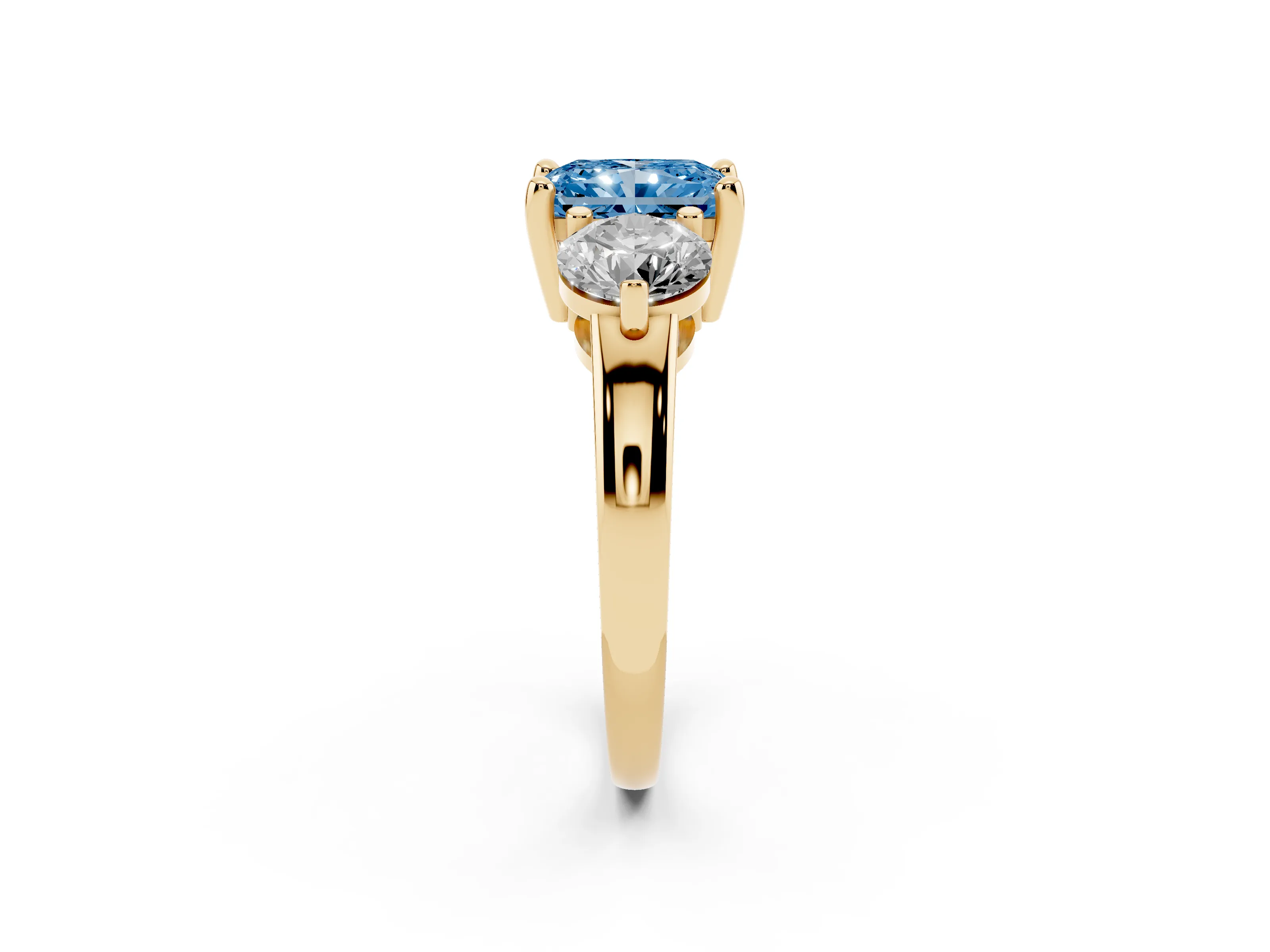 Fancy Blue Radiant Cut Diamond Three-Stone Ring Set in Yellow gold with Prong Setting and Classic Band
