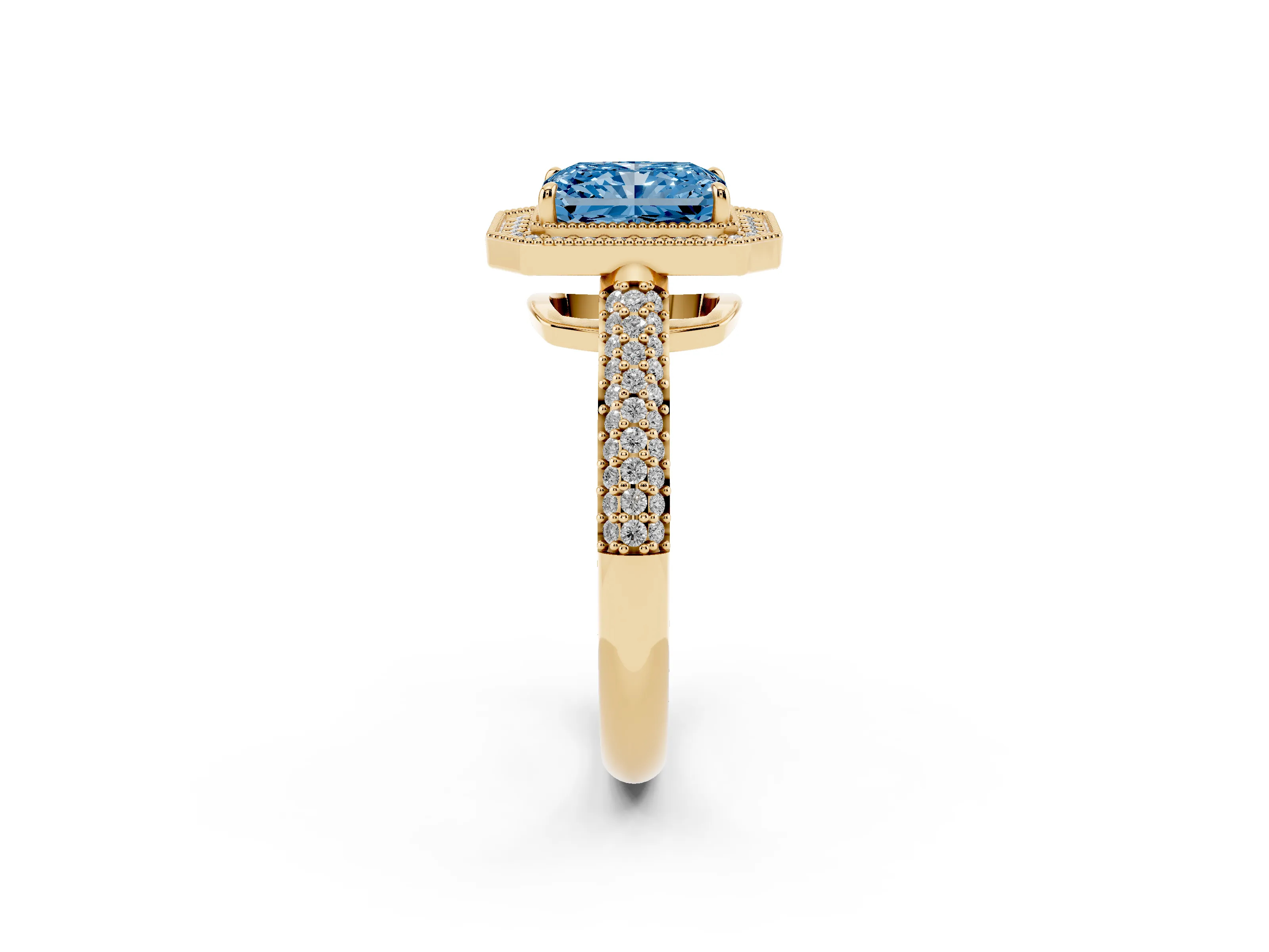 Fancy Blue Radiant Cut Diamond Halo Pavé Band Set in Yellow gold with Prong Setting