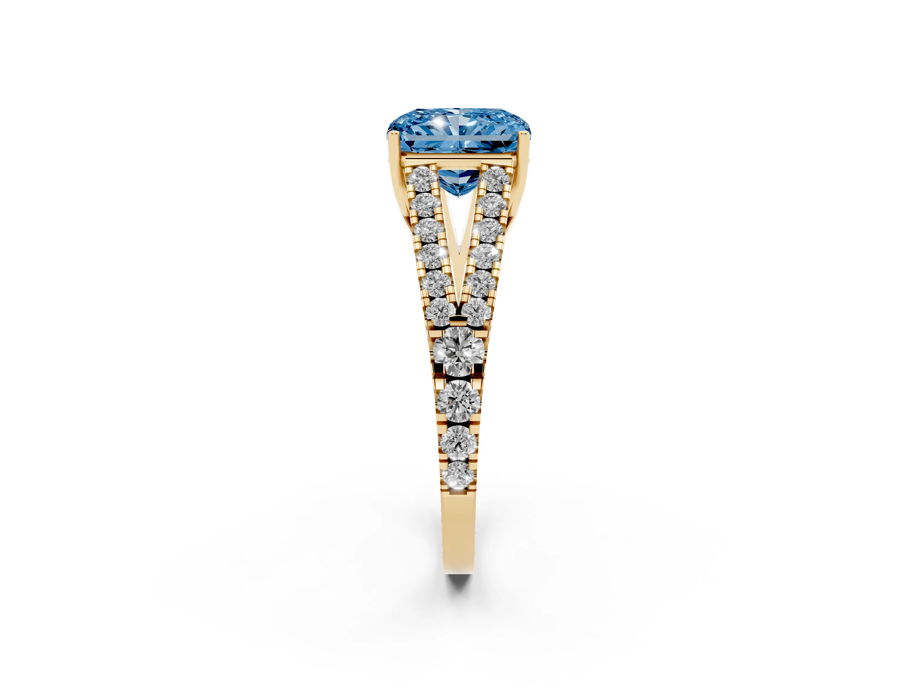 Fancy Blue Radiant Cut Diamond Split Shank Pavé Engagement Ring Set in Yellow gold with Prong-Held Center Stone