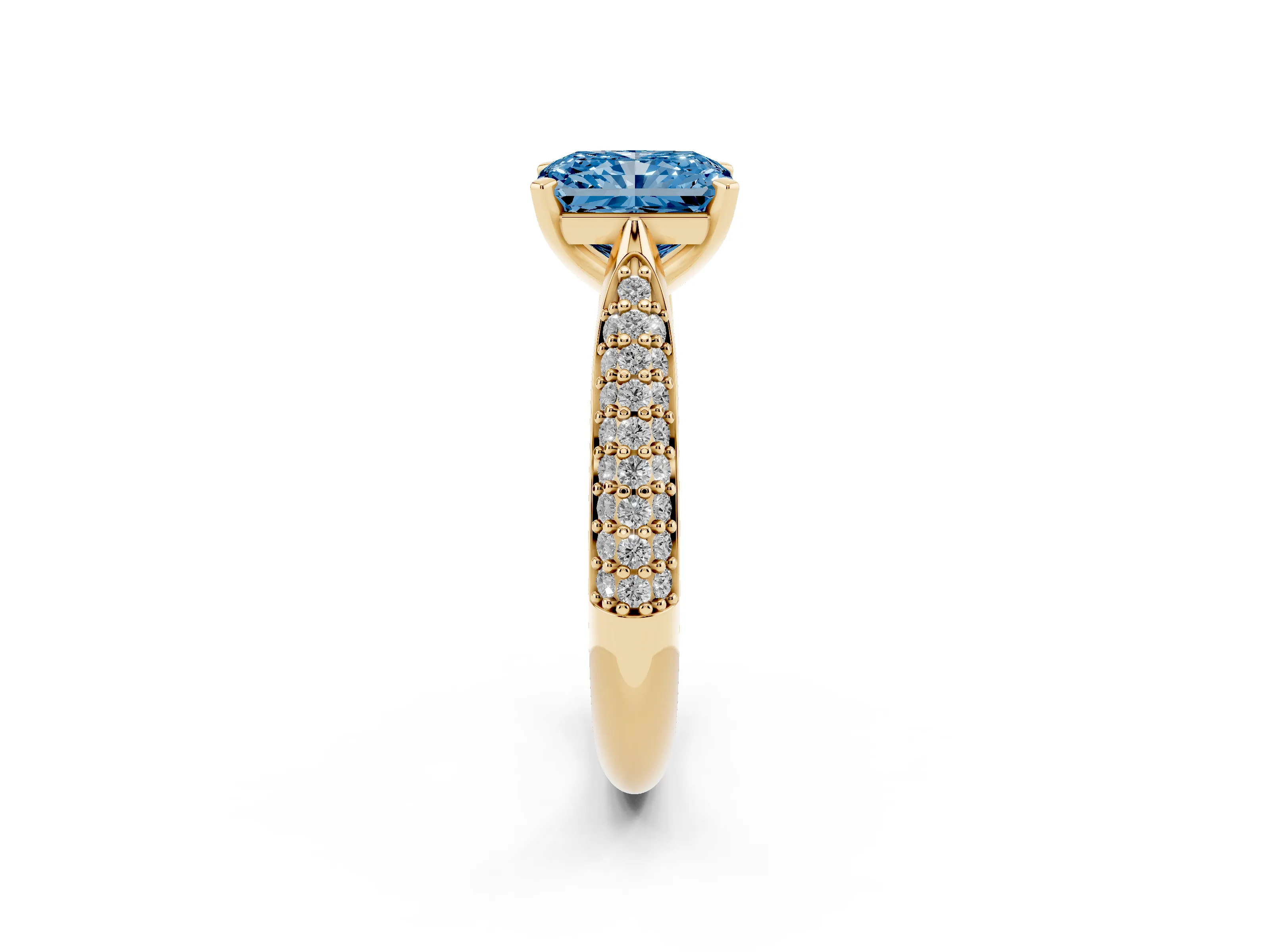 Fancy Blue Radiant Cut Diamond Solitaire Engagement Ring Set in Yellow gold with Multi-Row Round Pavé Band and Prong Setting