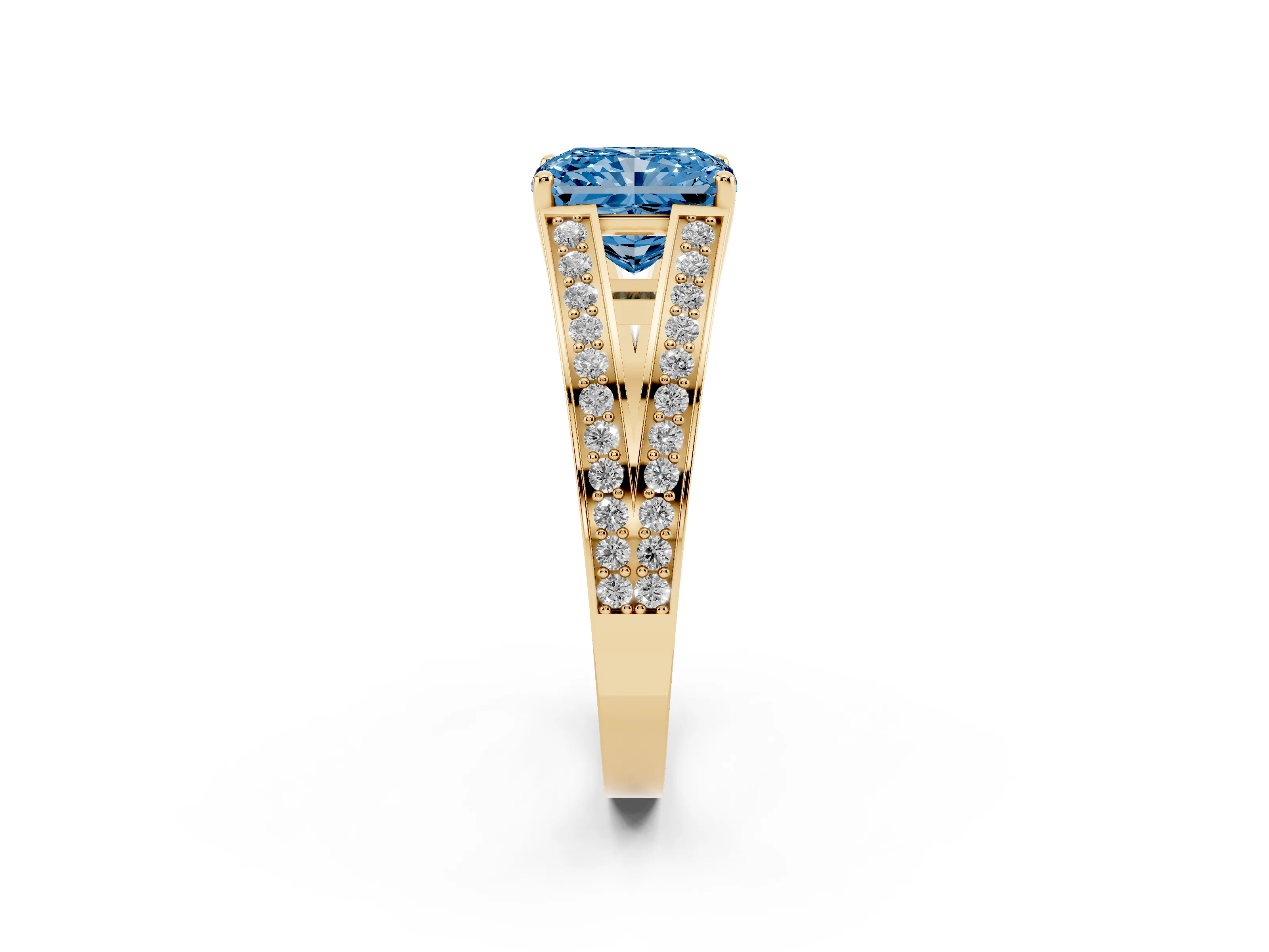Fancy Blue Radiant Cut Diamond Split Shank Ring Set in Yellow gold with Pavé Band and Prong Setting