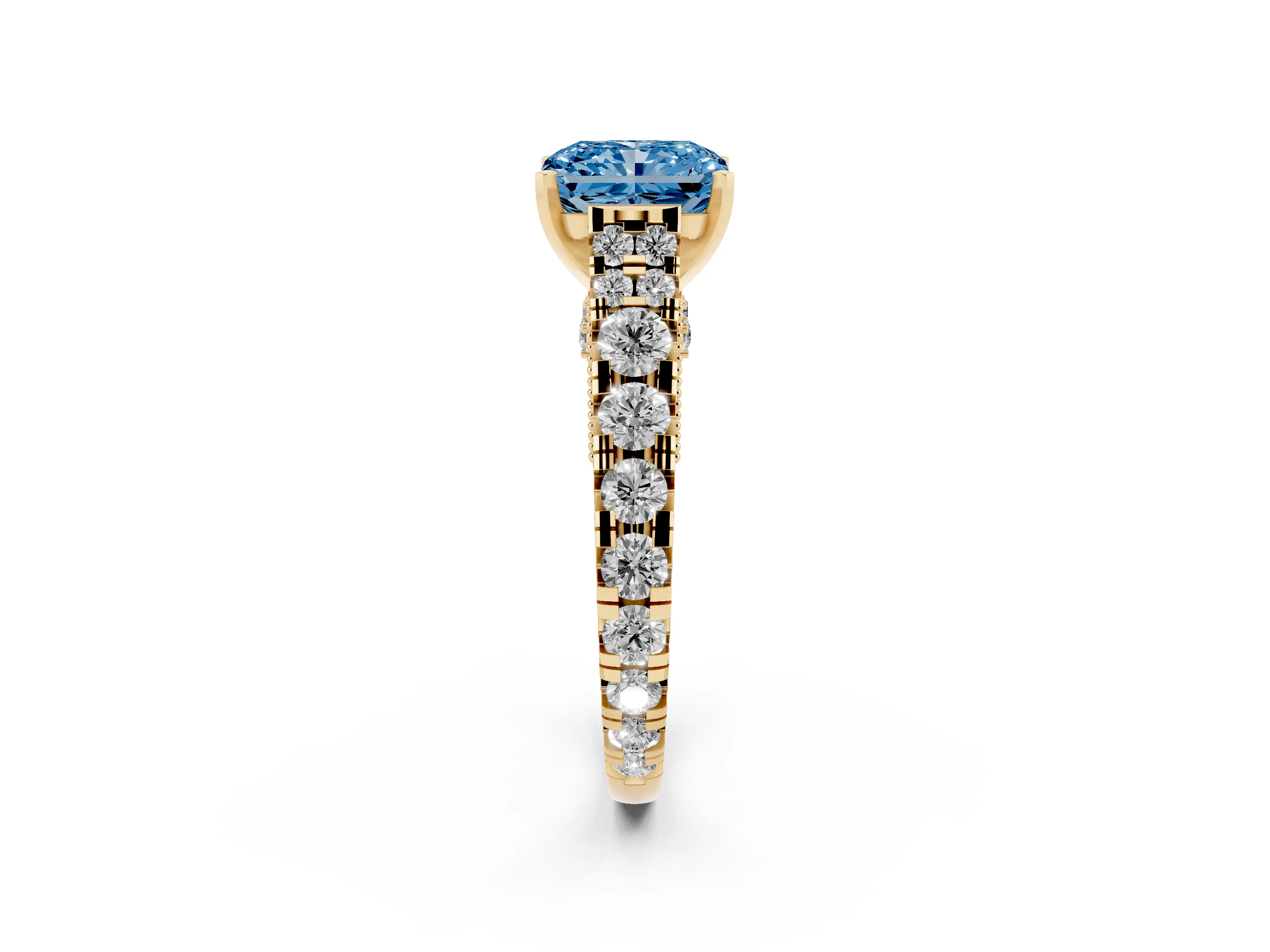 Fancy Blue Radiant Cut Diamond Classic Solitaire Ring Set in Yellow gold with Pavé Band and Prong Setting
