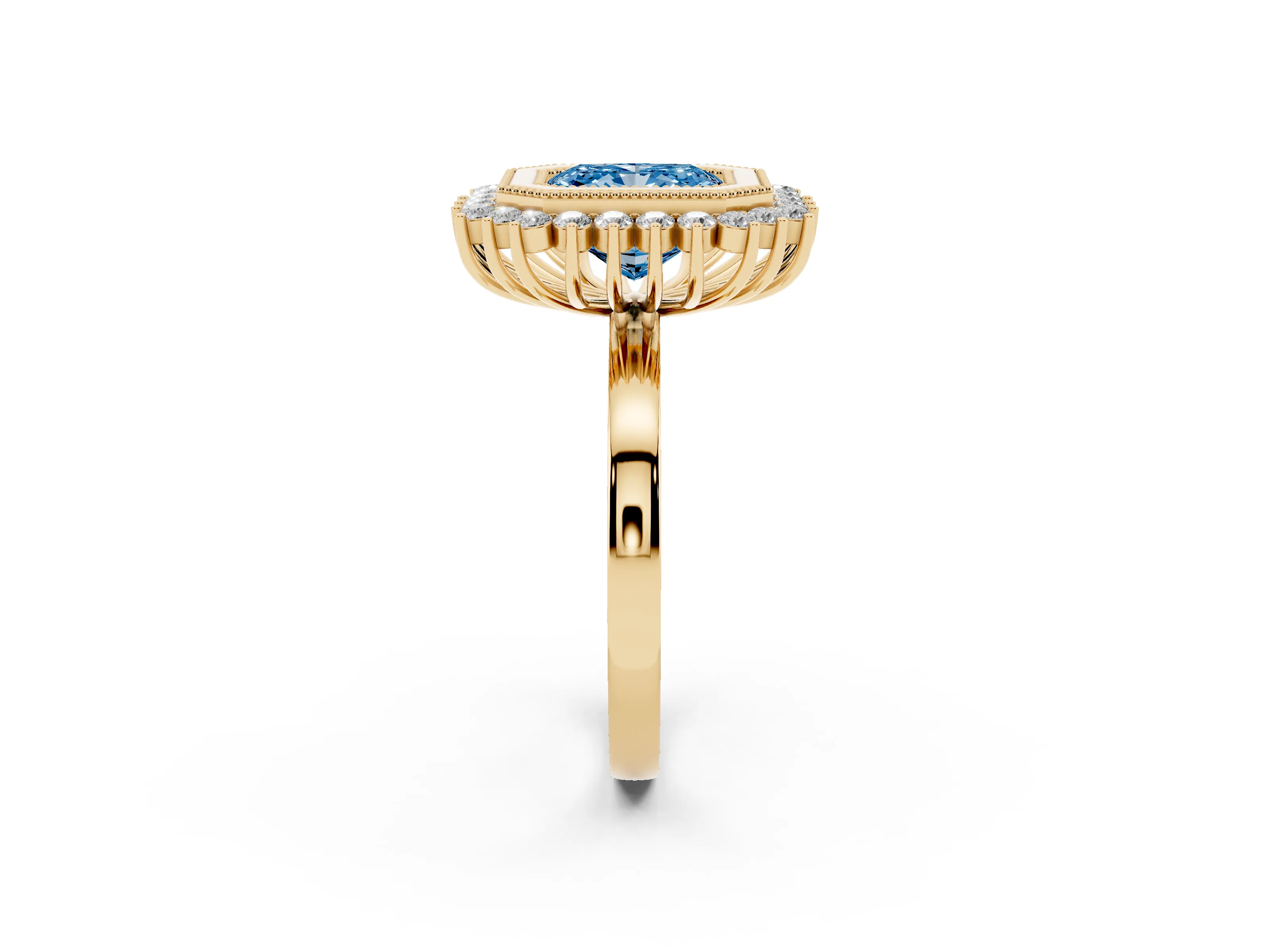 Fancy Blue Radiant Cut Diamond Halo Ring Set in Yellow gold with Milgrain Edge and Round Prong Setting