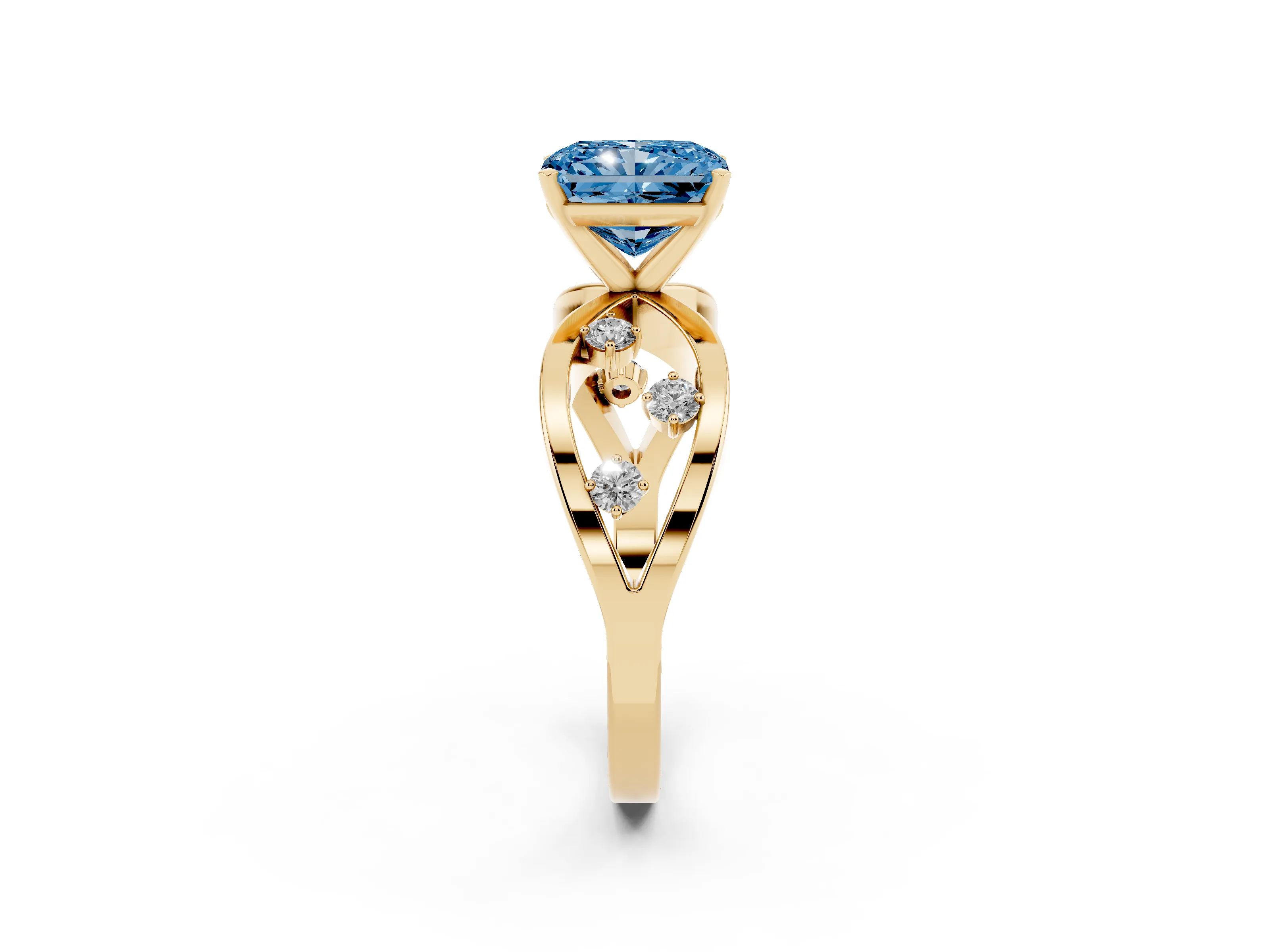 Fancy Blue Radiant Cut Diamond Solitaire Ring Set in Yellow gold with Side Stones on Criss-Cross Band and Prong Setting