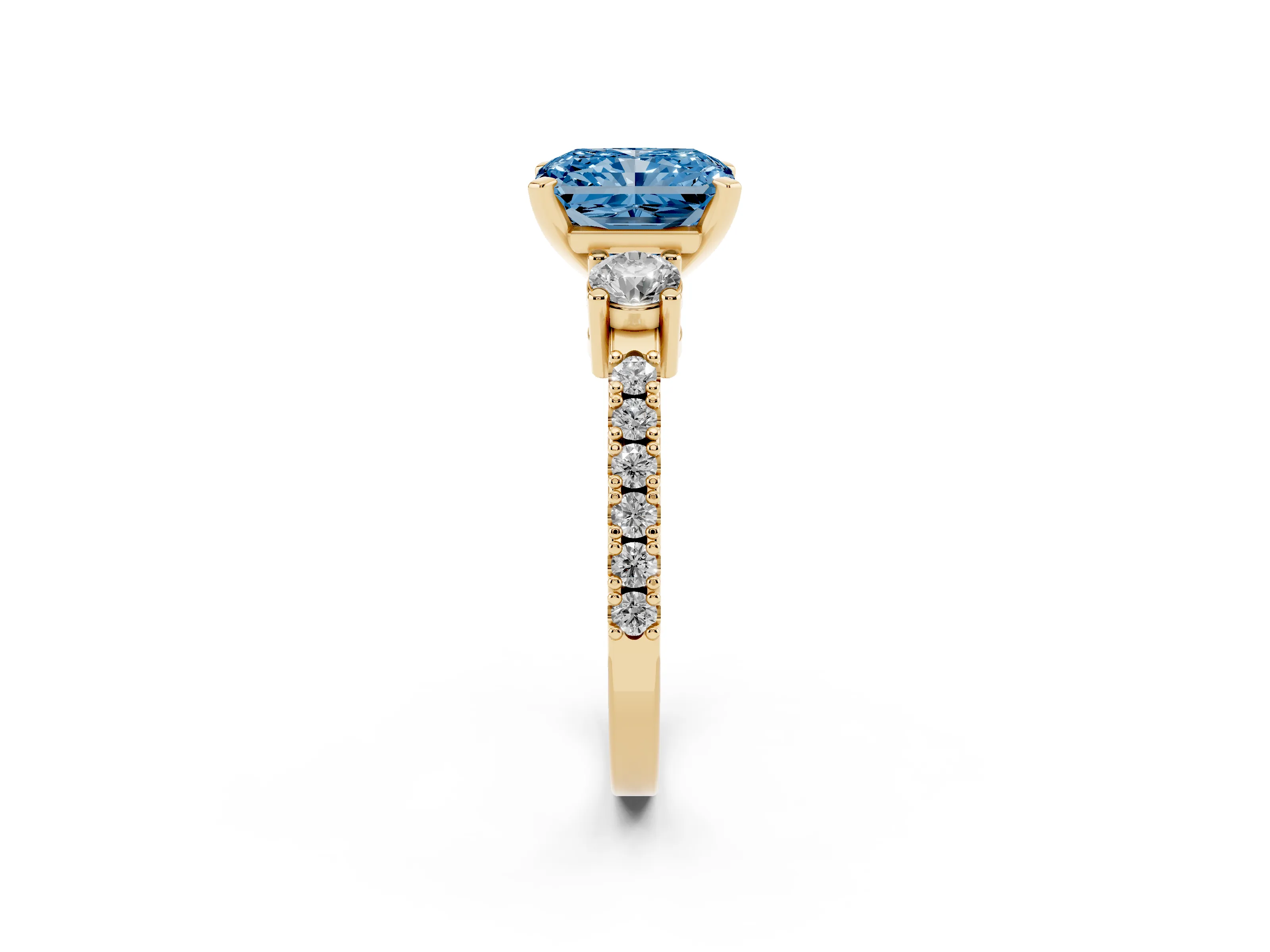 Fancy Blue Three-Stone Radiant Cut Diamond Pavé Band Ring Set in Yellow gold with Prong Setting