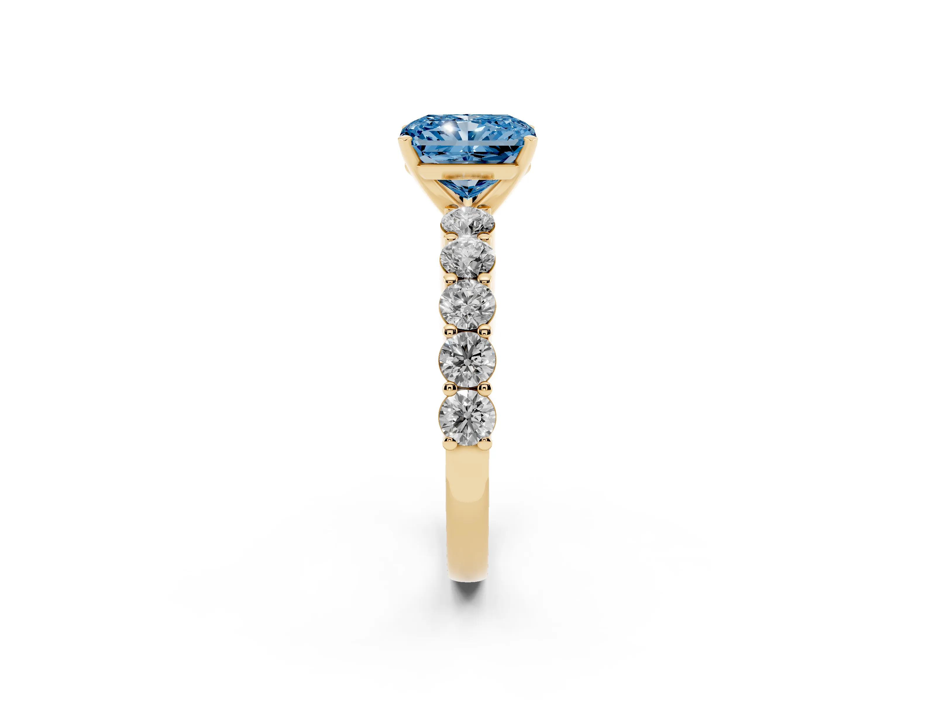 Fancy Blue Radiant Cut Diamond Solitaire Ring Set in Yellow gold with Shared Prong Round Side Stones