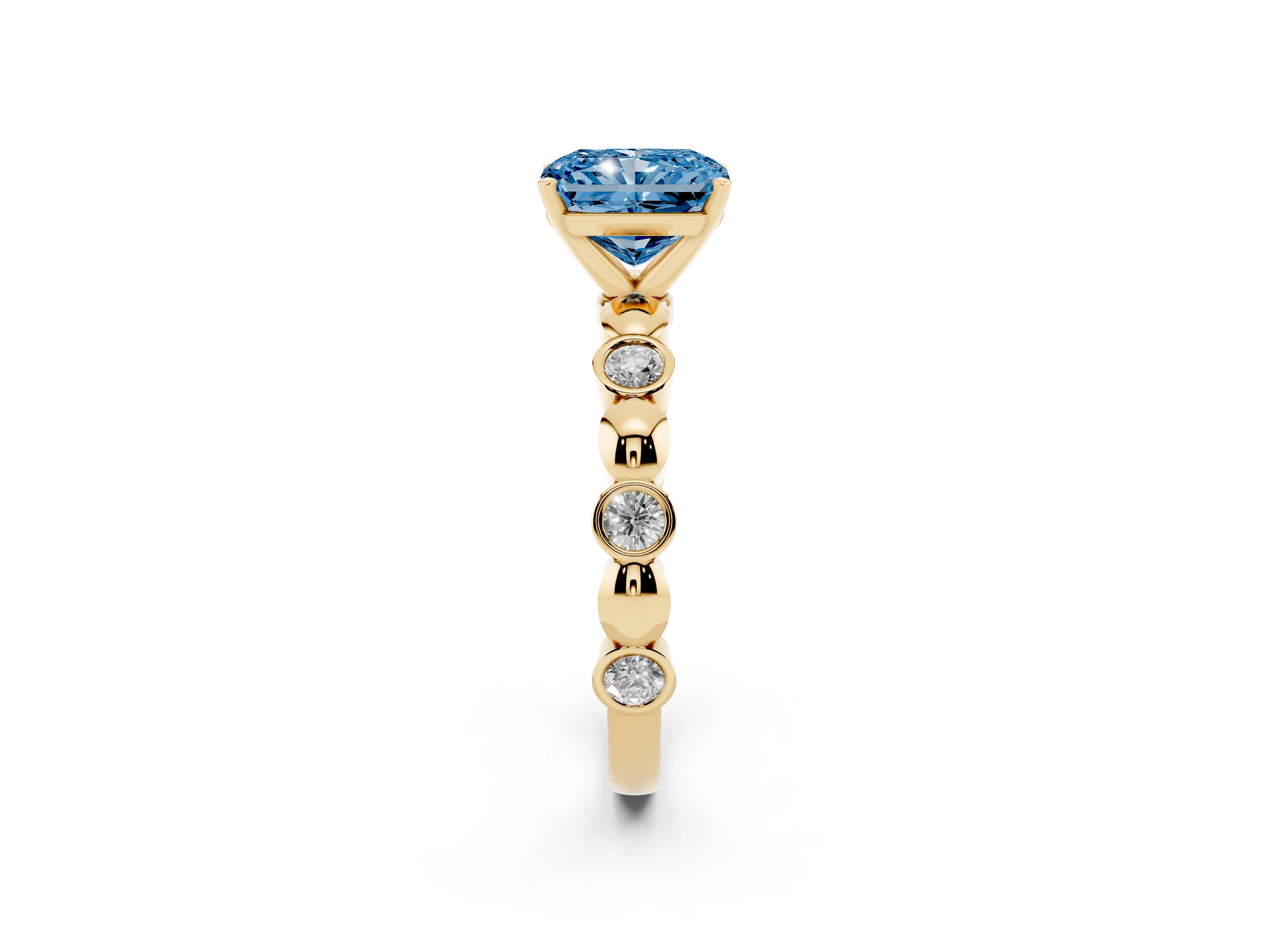 Fancy Blue Radiant Cut Diamond Solitaire Ring Set in Yellow gold with Bezel-Set Accents on Beaded Band and Prong Setting