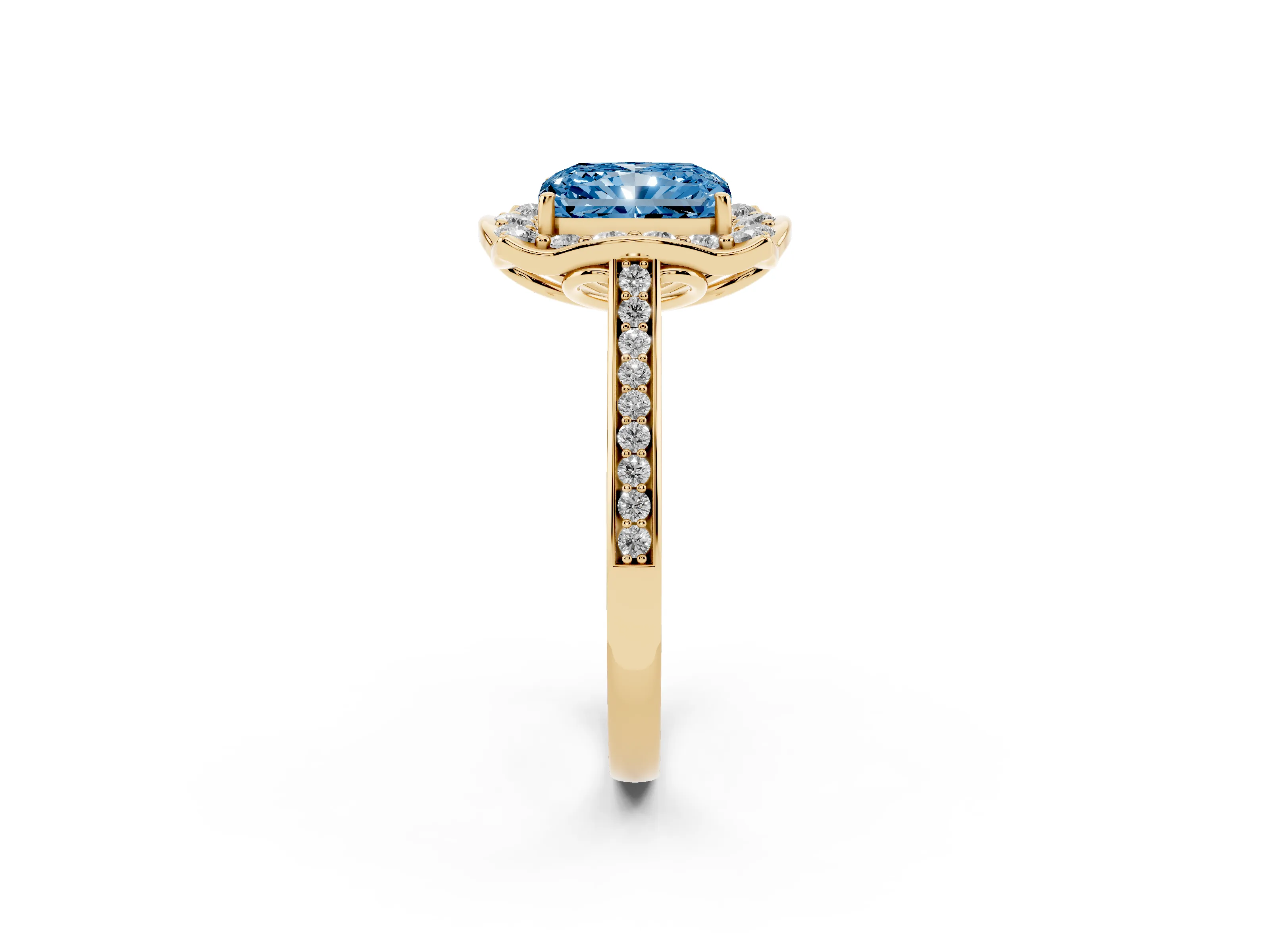 Fancy Blue Radiant Cut Diamond Halo Ring Set in Yellow gold with Pavé-Lined Shoulders and Prong Setting