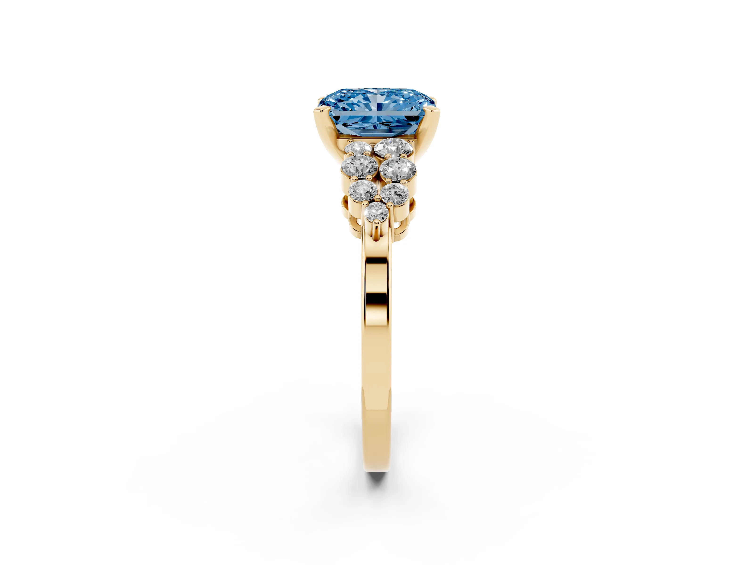 Fancy Blue Radiant Cut Diamond Cluster Engagement Ring Set in Yellow gold with Pavé Band and Prong Setting
