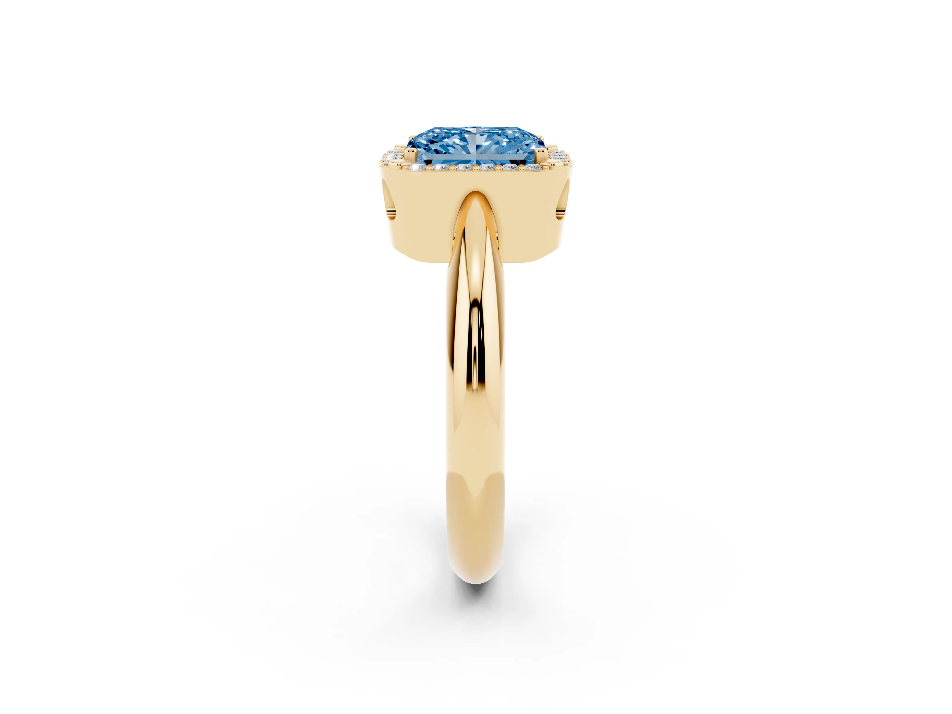 Fancy Blue Radiant Cut Diamond Halo Engagement Ring Set in Yellow gold with Plain Split Shank and Prong Setting
