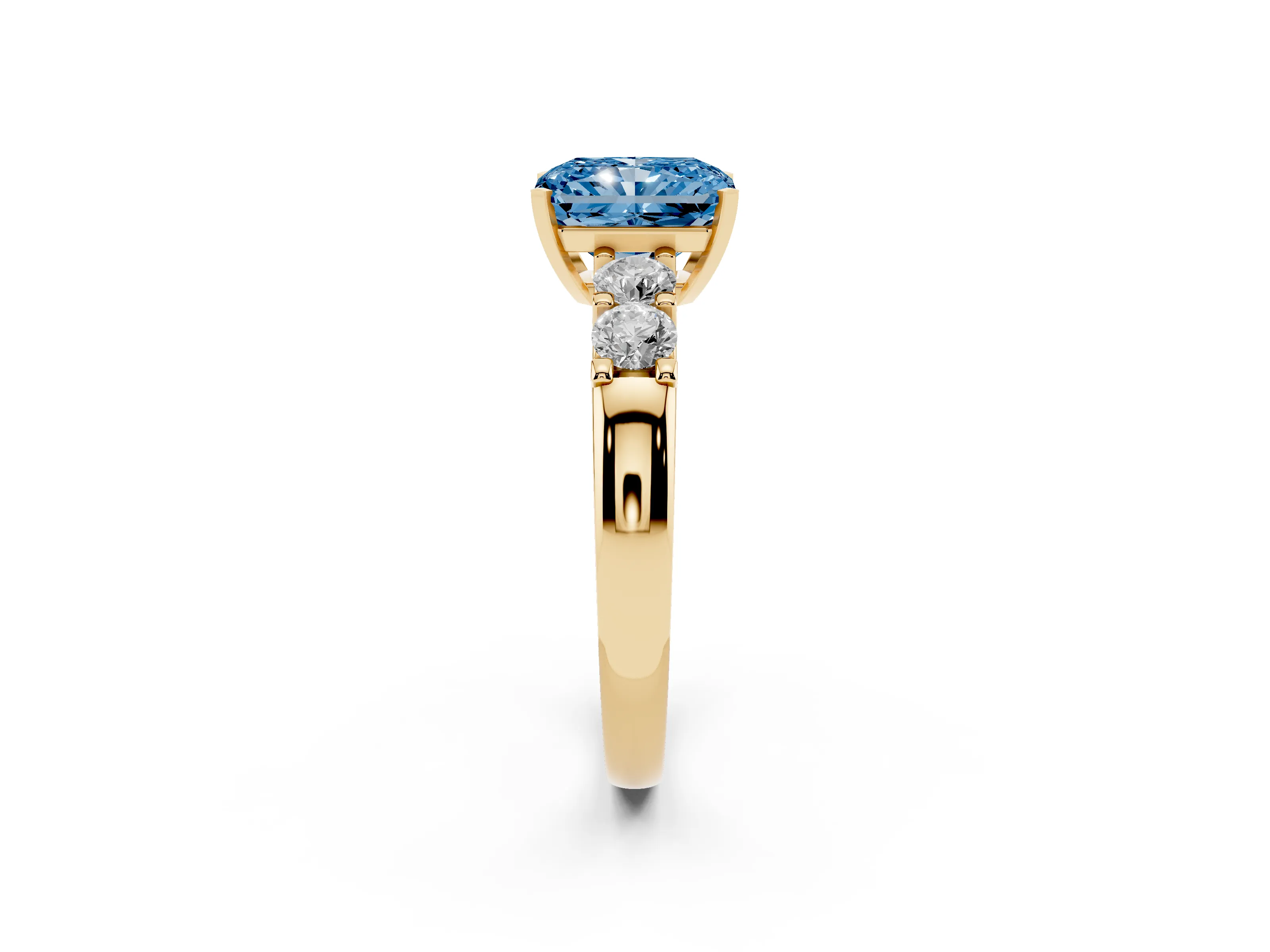 Fancy Blue Radiant Cut Diamond Five-Stone Prong Set Engagement Ring Set in Yellow gold with Channel Band