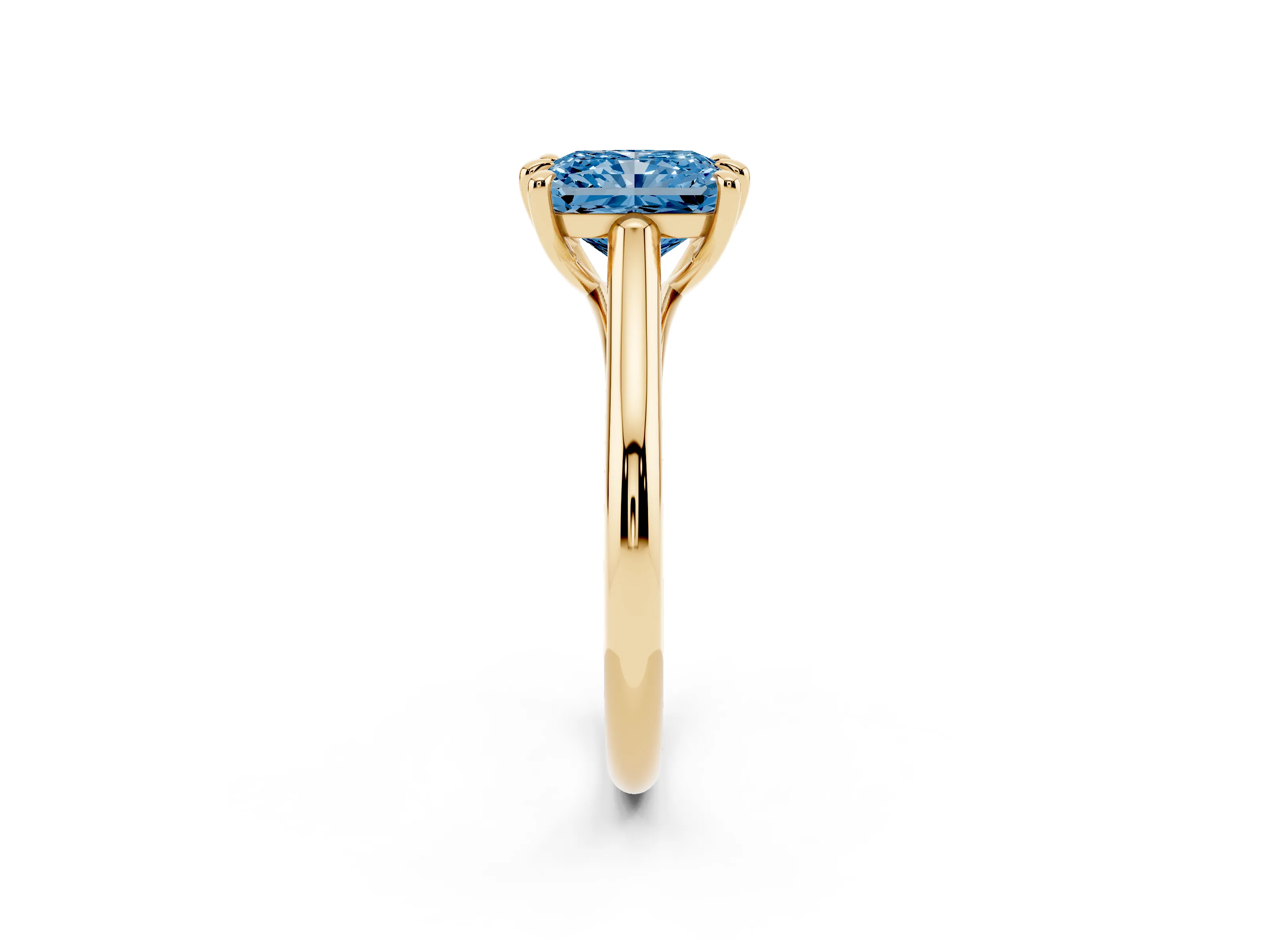 Fancy Blue Radiant Cut Diamond Solitaire Engagement Ring Set in Yellow gold with Prong Setting and Plain Classic Band