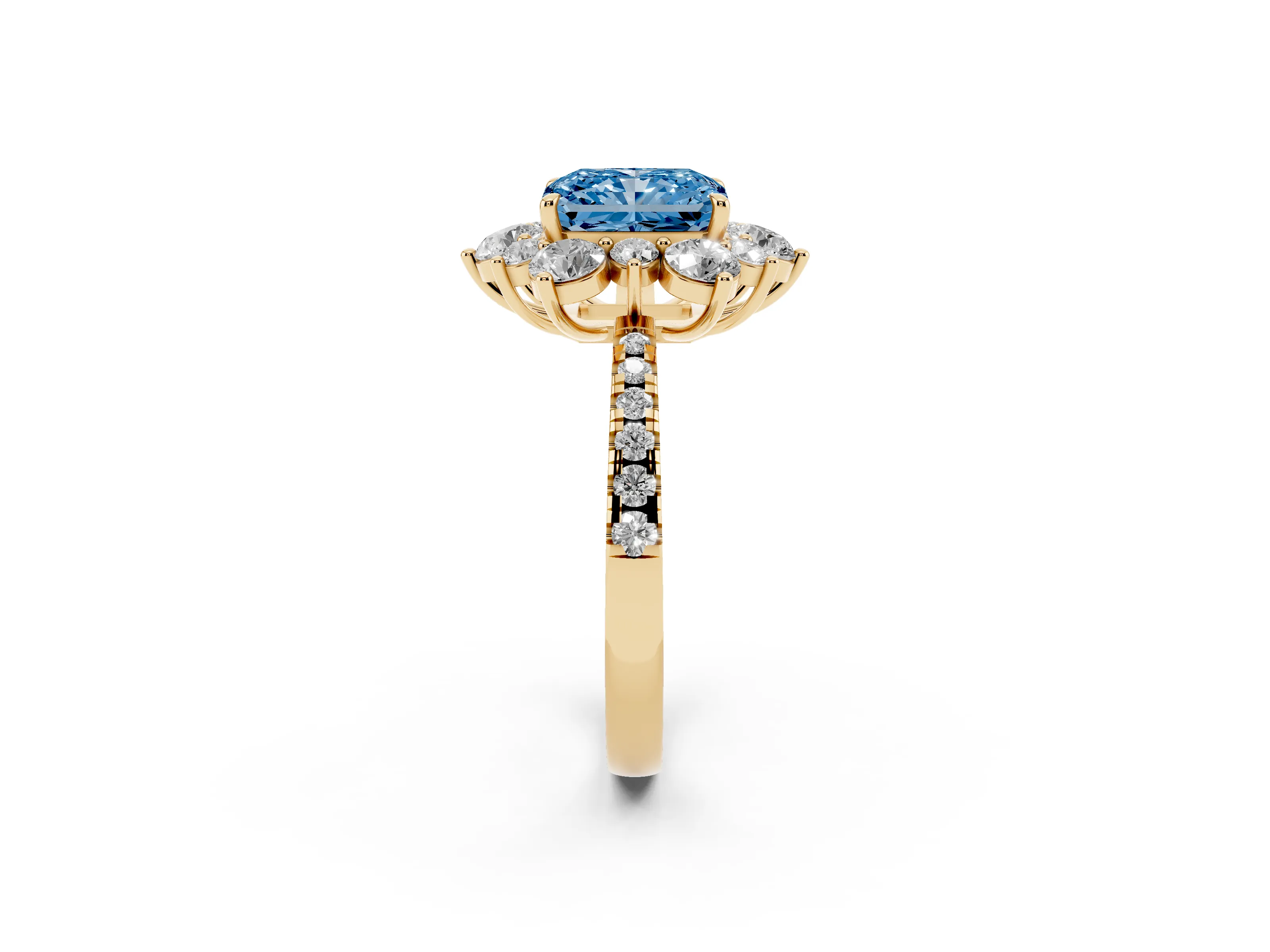 Fancy Blue Radiant Cut Diamond Floral Halo Ring Set in Yellow gold with Round Pavé Band and Prong Setting