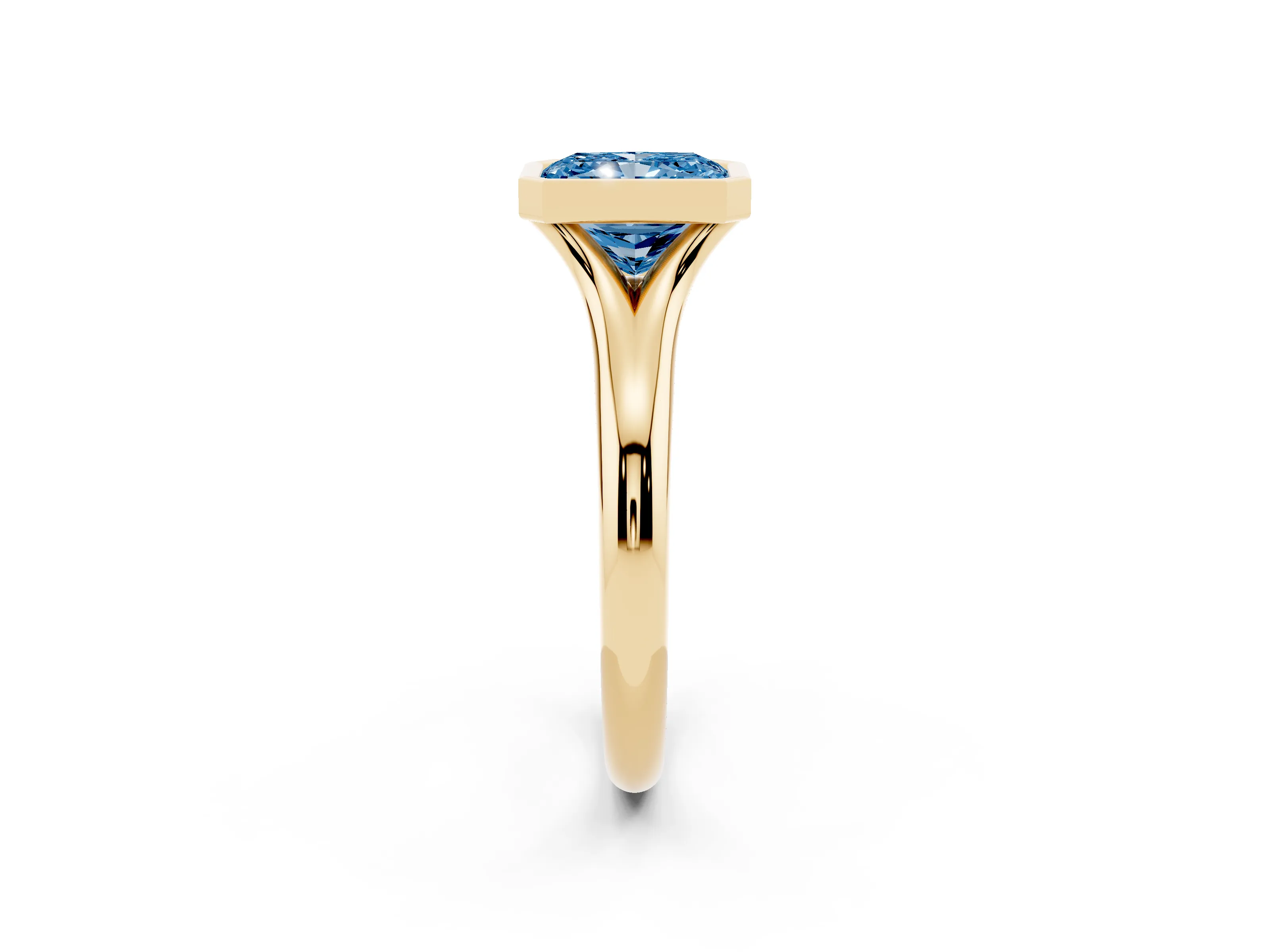 Fancy Blue Bezel Set Radiant Cut Diamond Solitaire Ring Set in Yellow gold with Smooth Band