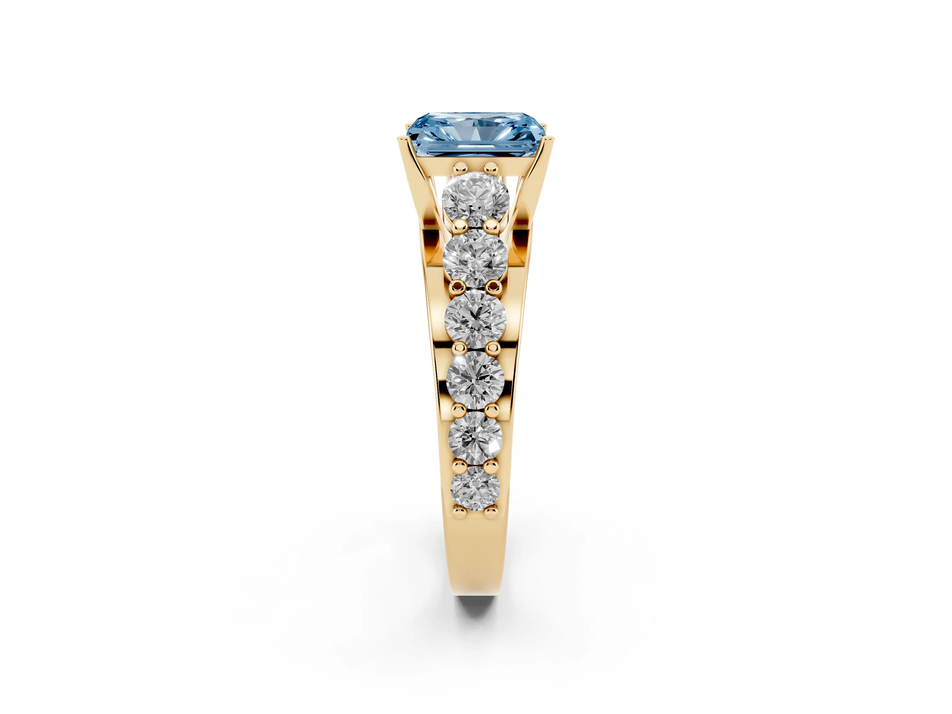 Fancy Blue Radiant Cut Diamond Pavé Engagement Ring Set in Yellow gold with Prong Setting