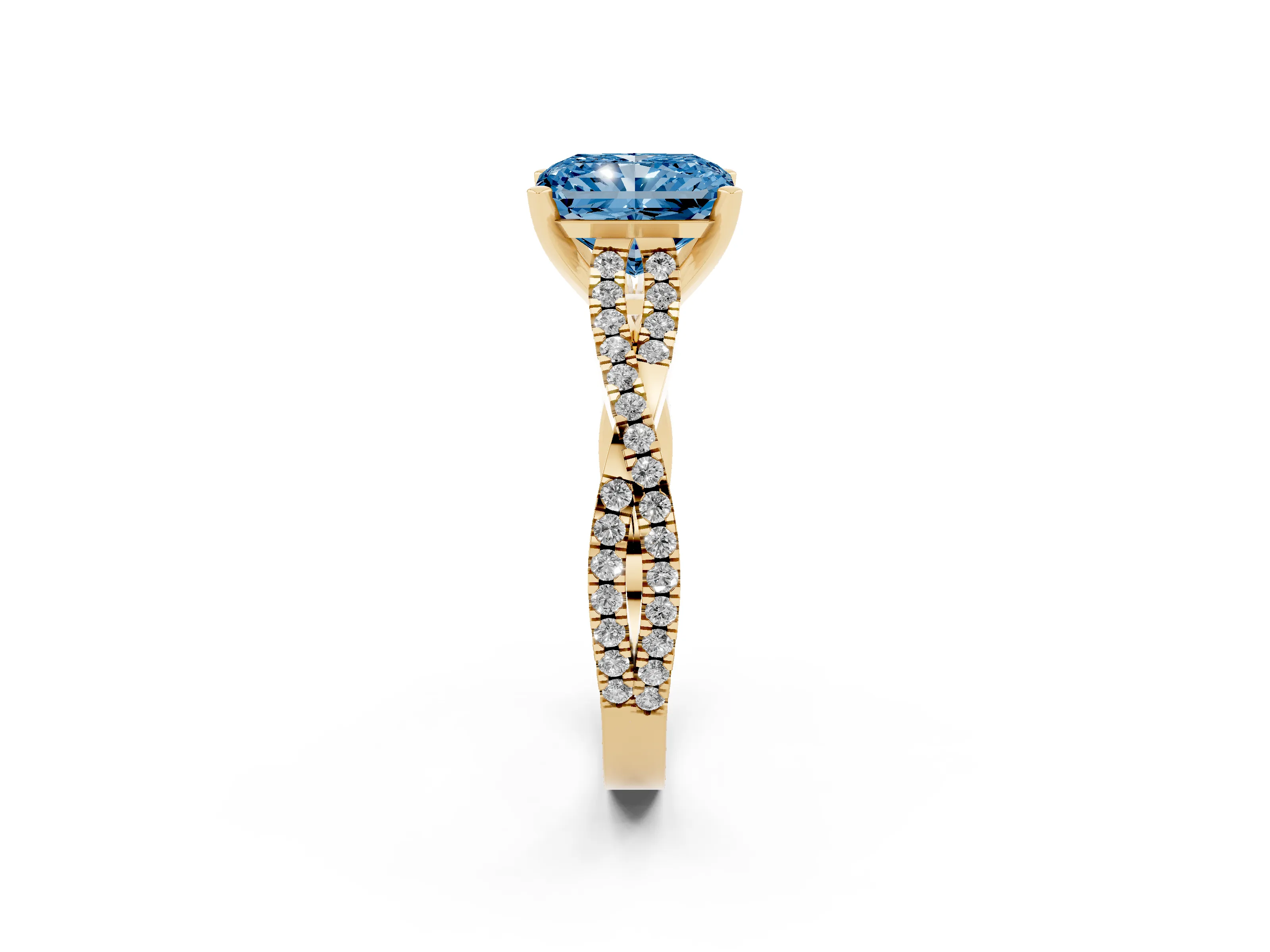Fancy Blue Radiant Cut Diamond Solitaire Engagement Ring Set in Yellow gold with Twisted Pavé Band and Prong Setting