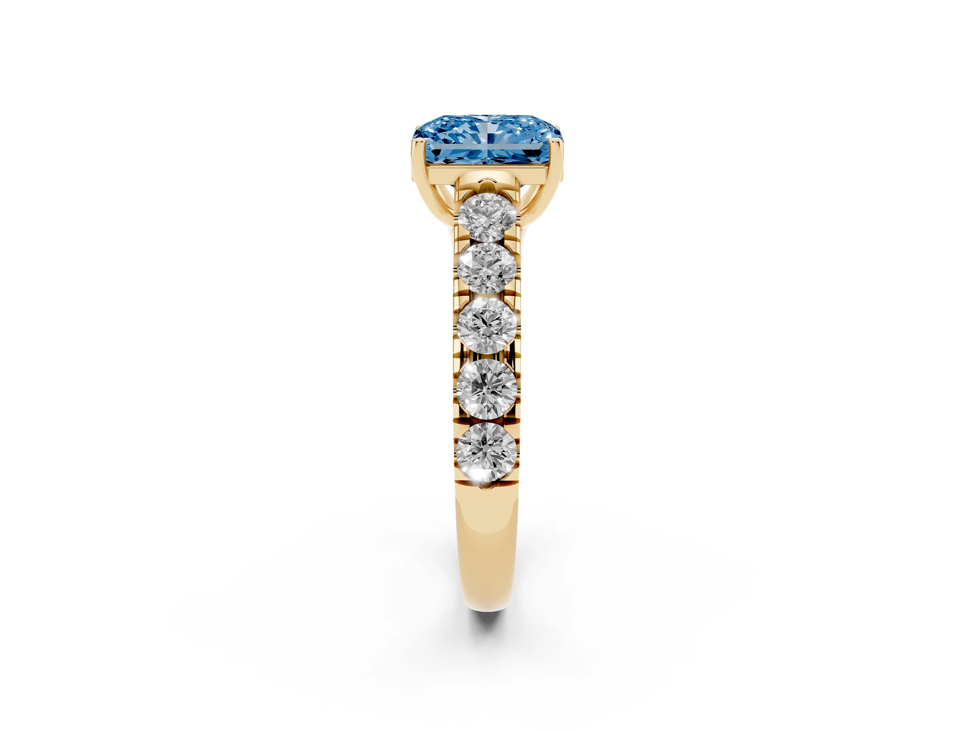 Fancy Blue Radiant Cut Diamond Solitaire Ring Set in Yellow gold with Cut-Down Micro Pavé Band and Prong Setting
