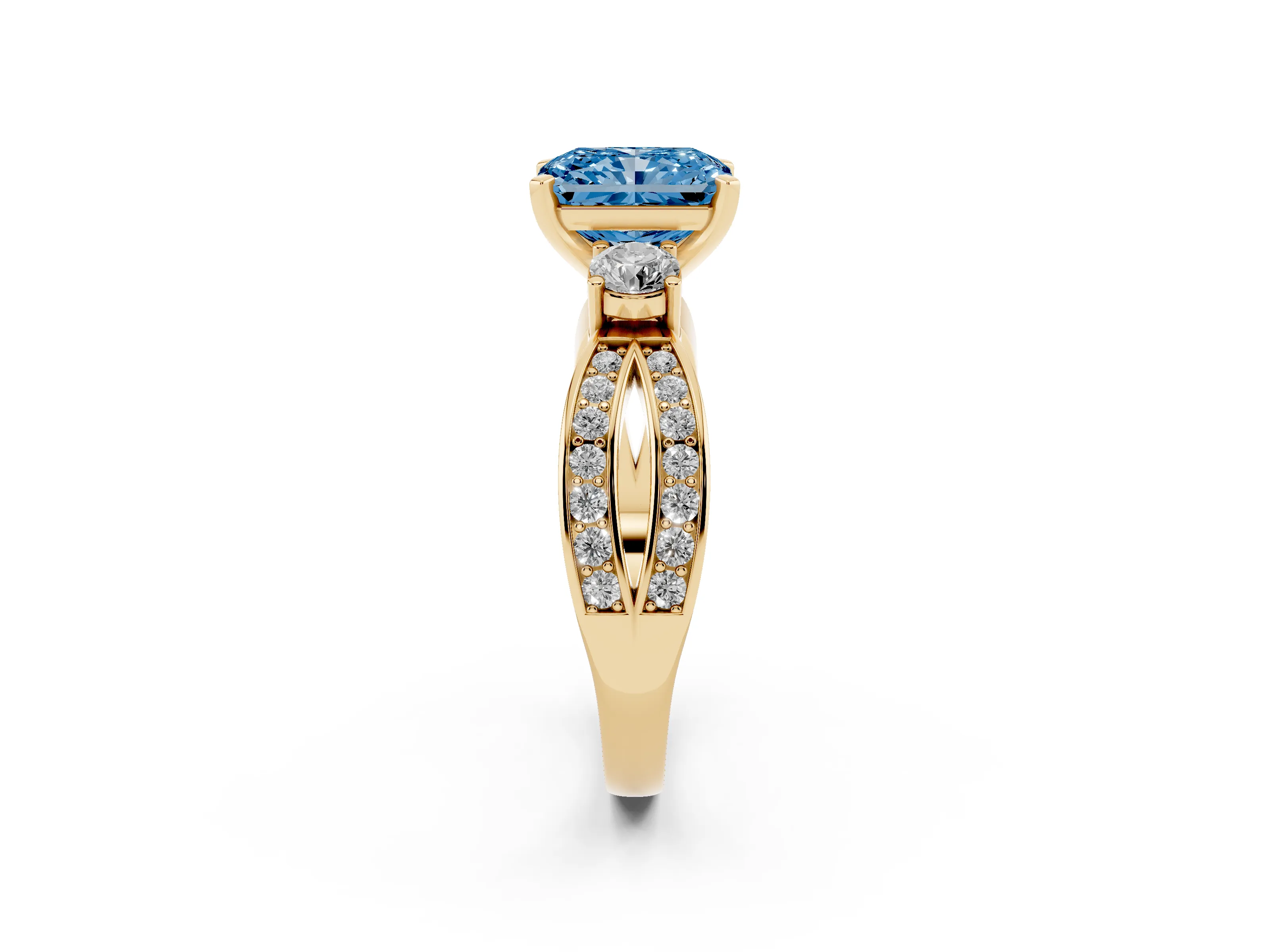 Fancy Blue Three-Stone Radiant Cut Diamond Twist Band Ring Set in Yellow gold with Pavé Accents and Prong Setting