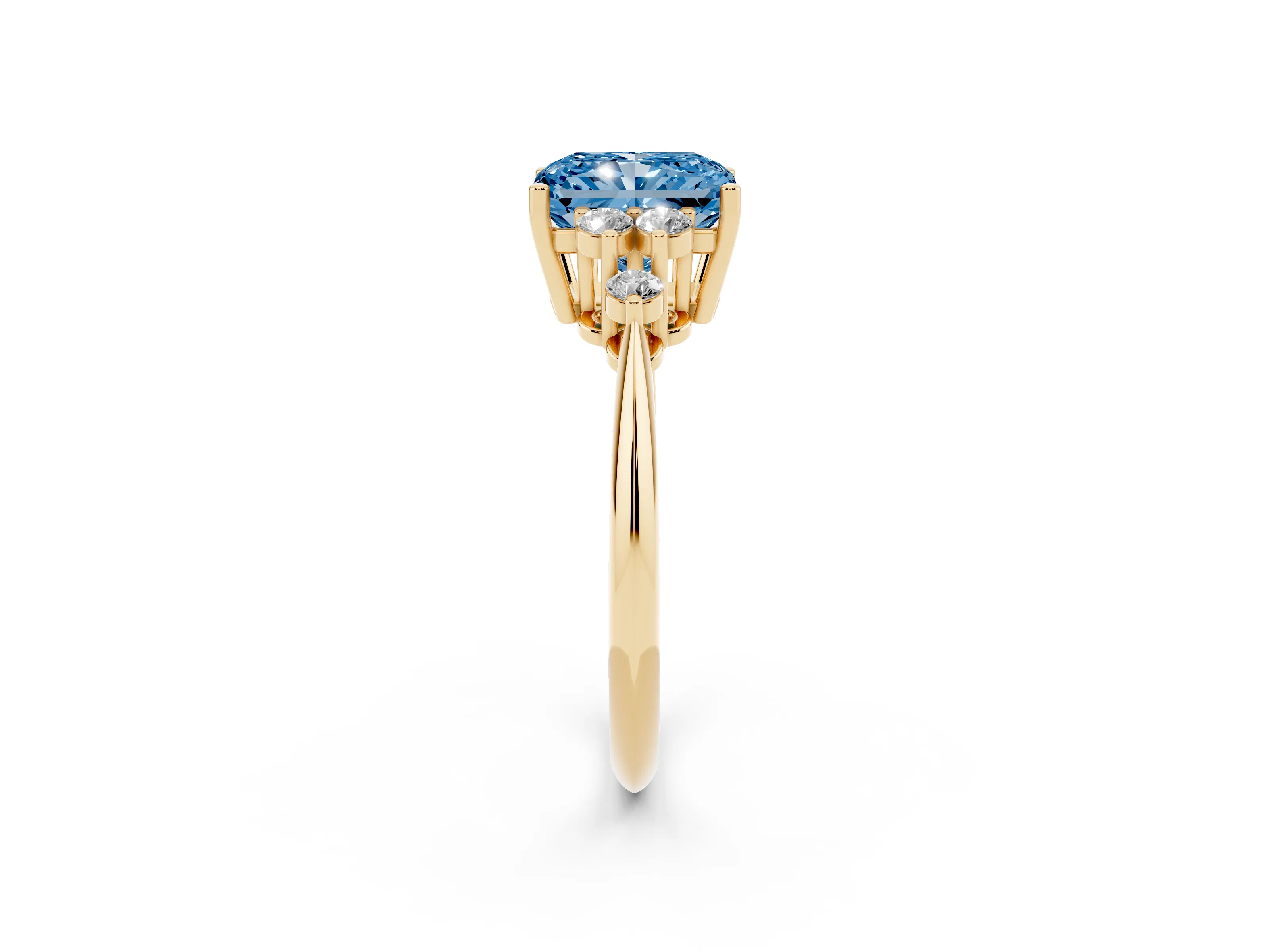 Fancy Blue Radiant Cut Diamond Cluster Ring Set in Yellow gold with Plain Band and Prong Setting