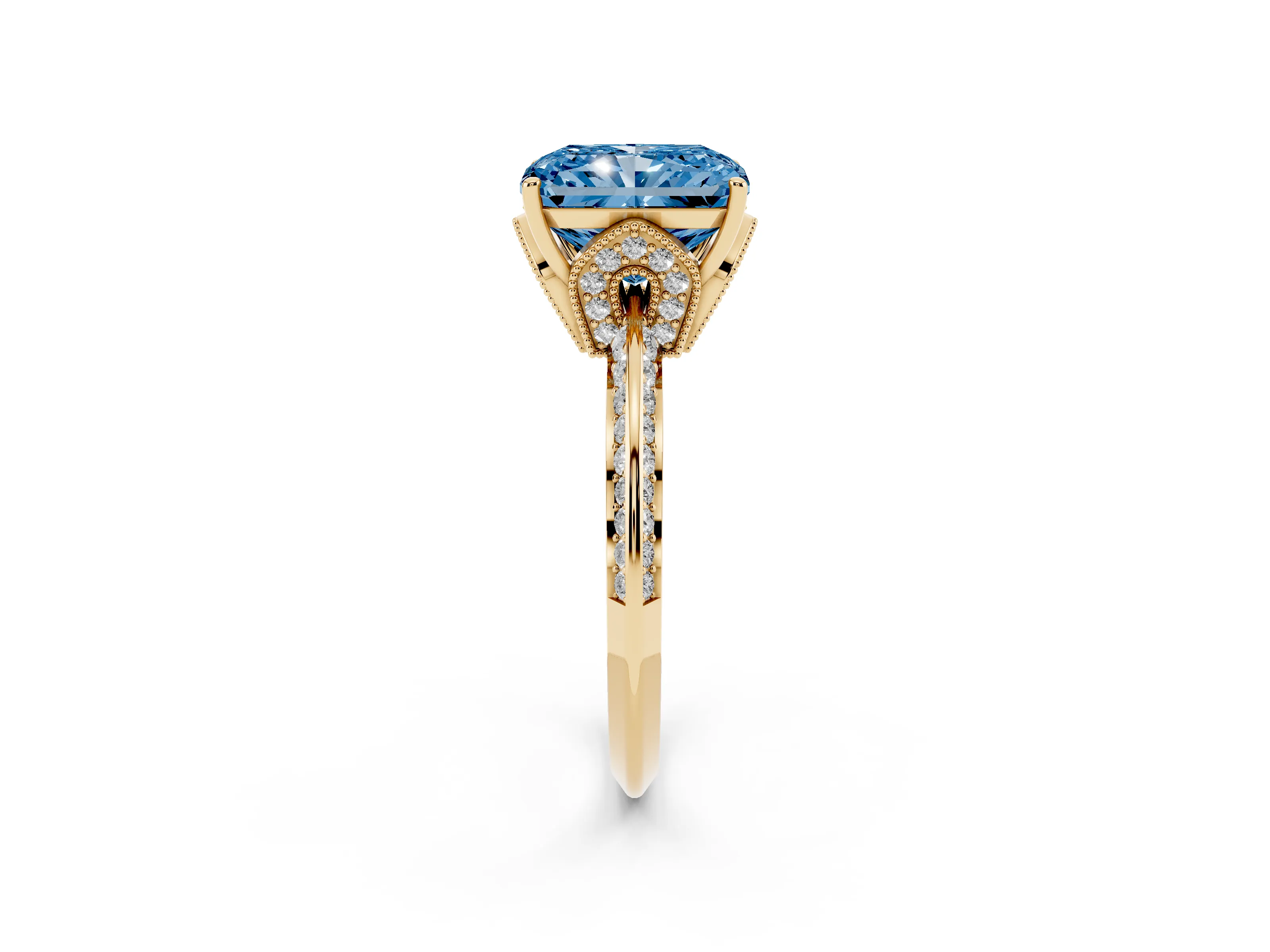 Fancy Blue Radiant Cut Diamond Solitaire Engagement Ring Set in Yellow gold with Pavé Split Shank and Prong Setting