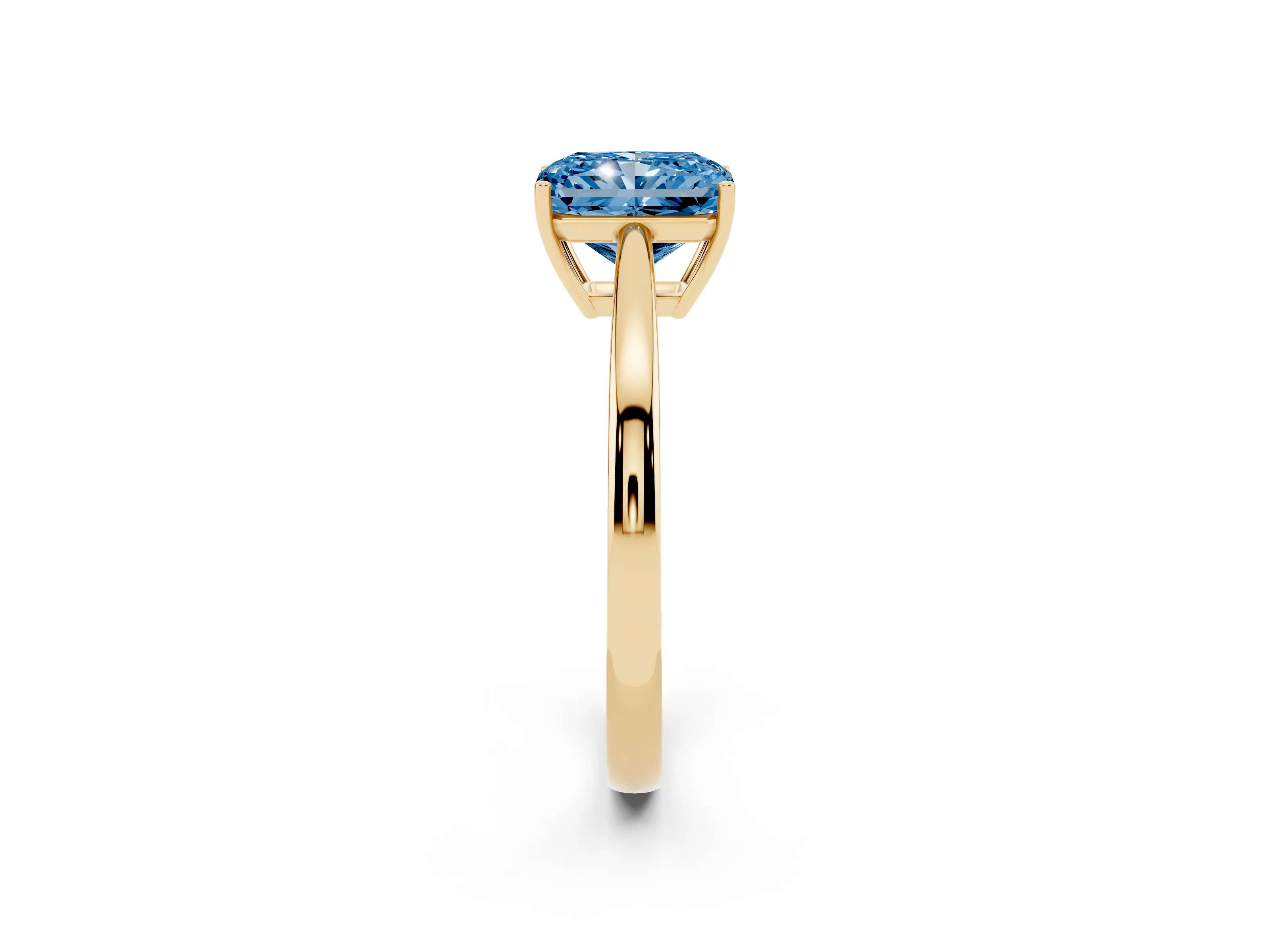 Fancy Blue Radiant Cut Diamond Solitaire Ring Set in Yellow gold with Split Shank and Prong Setting