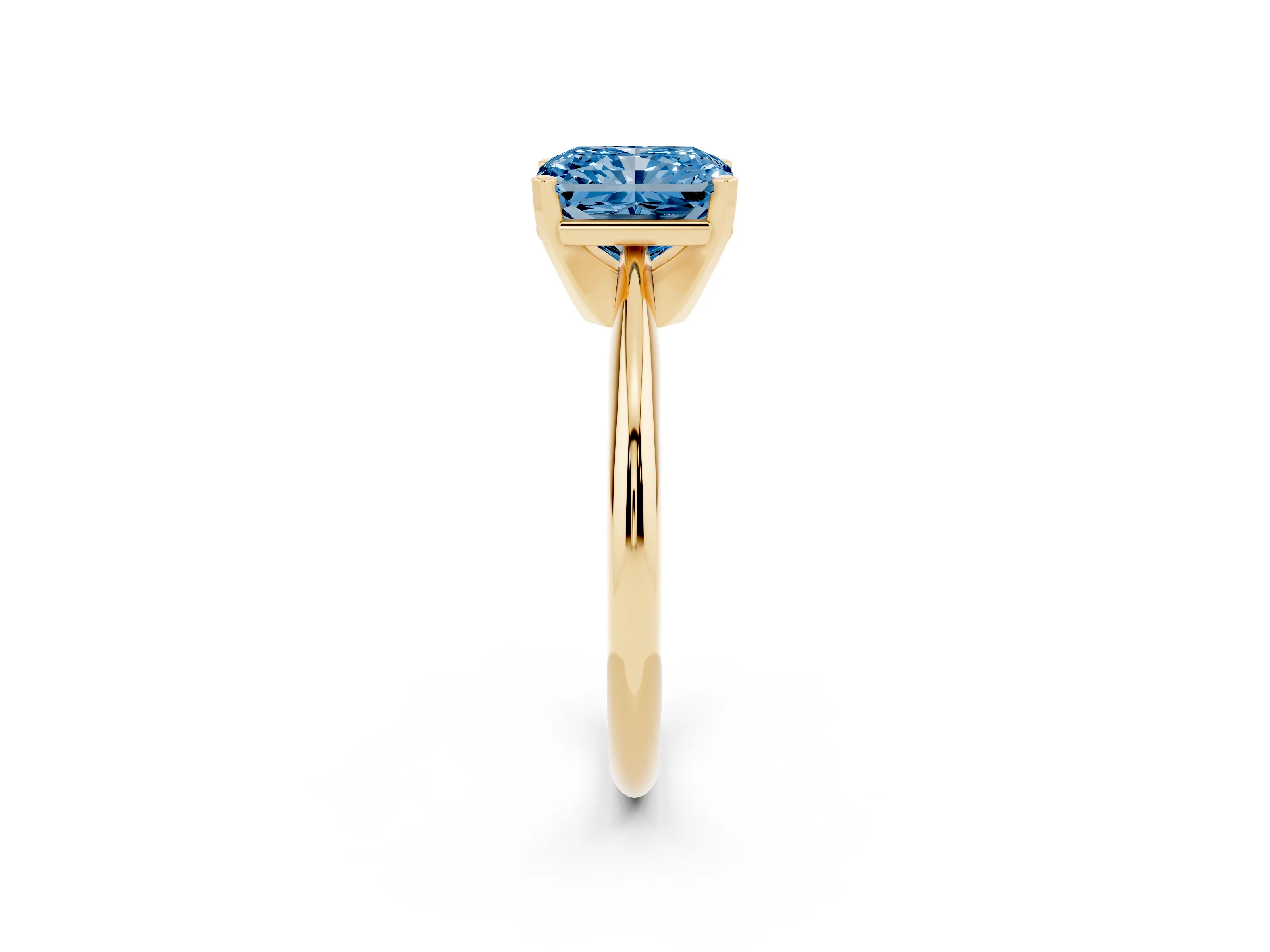 Fancy Blue Radiant Cut Diamond Solitaire Ring Set in Yellow gold with Prong Setting on a Plain Round Band