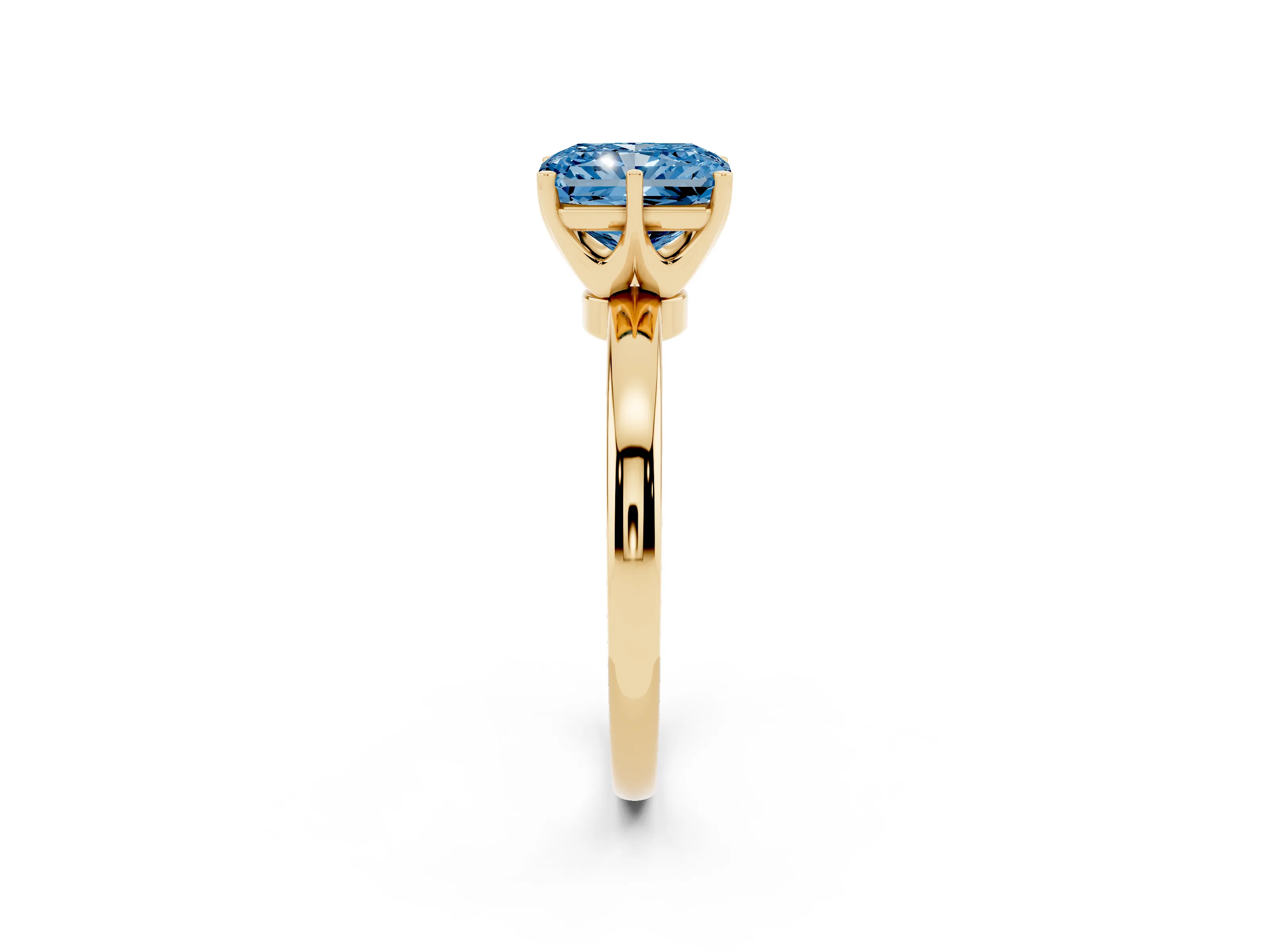 Fancy Blue Radiant Cut Diamond Solitaire Ring Set in Yellow gold with Raised Prong Setting on a Classic Band